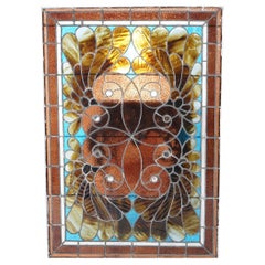 Antique Leaded Stained Glass Window with Stylized Peacock Design, c1920