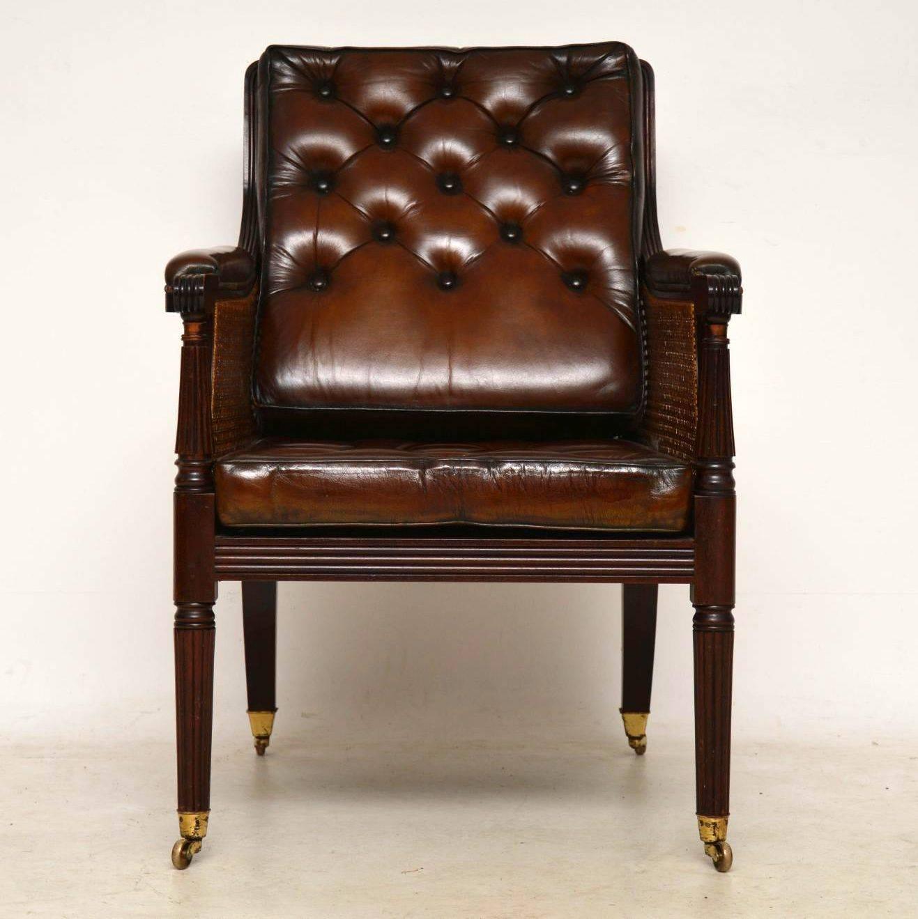 Regency Antique Leather and Caned Mahogany Armchair