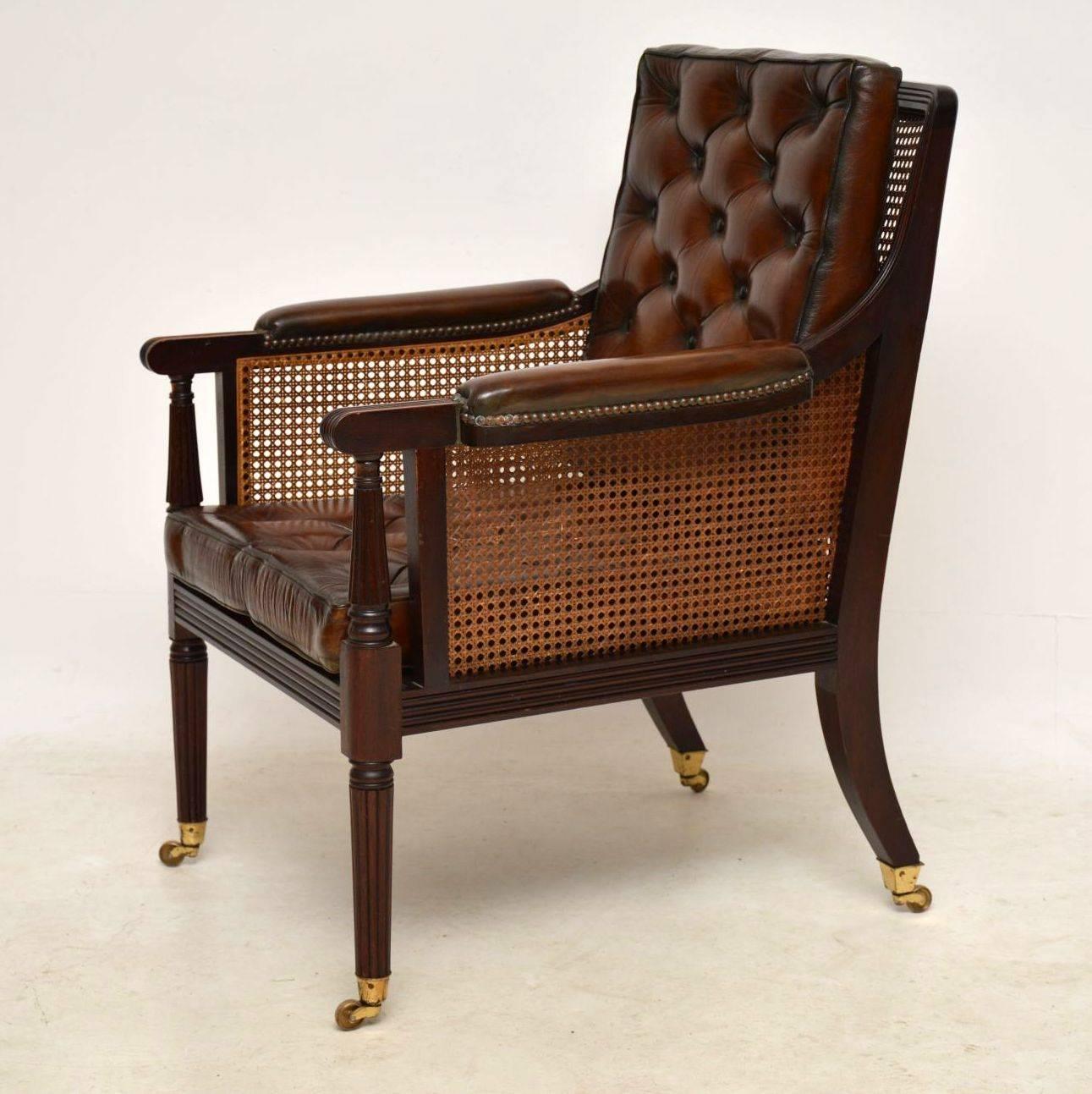 English Antique Leather and Caned Mahogany Armchair