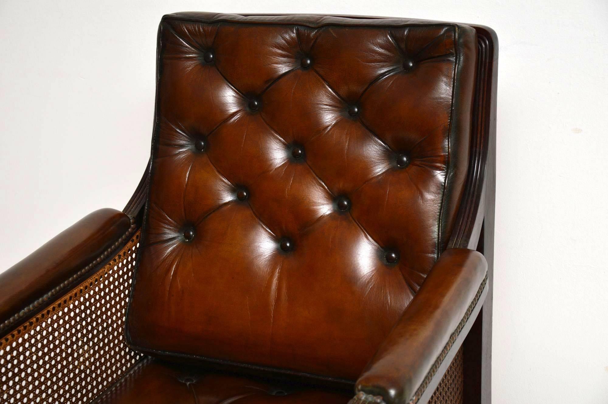 Late 20th Century Antique Leather and Caned Mahogany Armchair