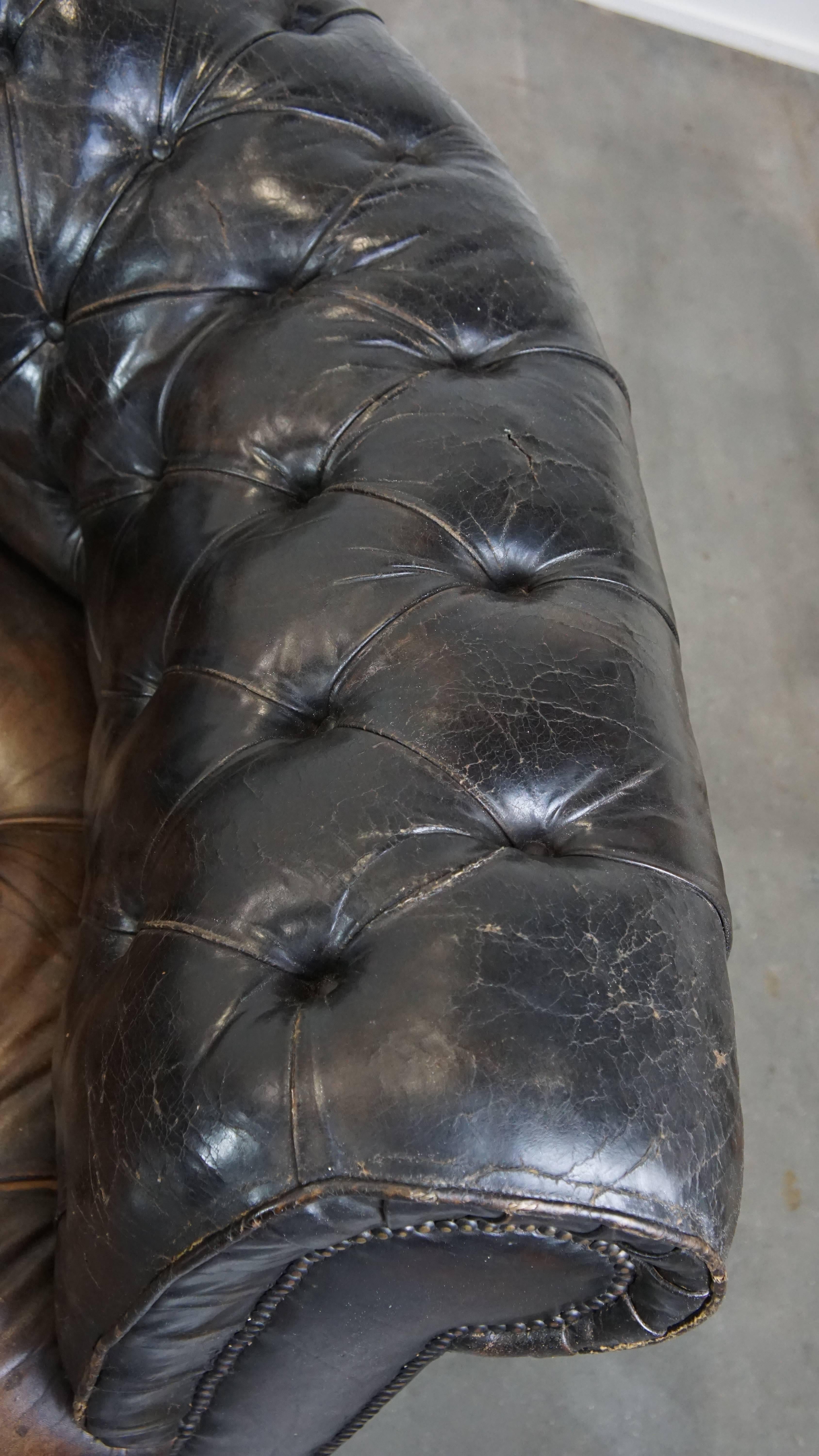 Canapé Chesterfield 3 places en cuir ancien avec excellent caractère et patina en vente 2