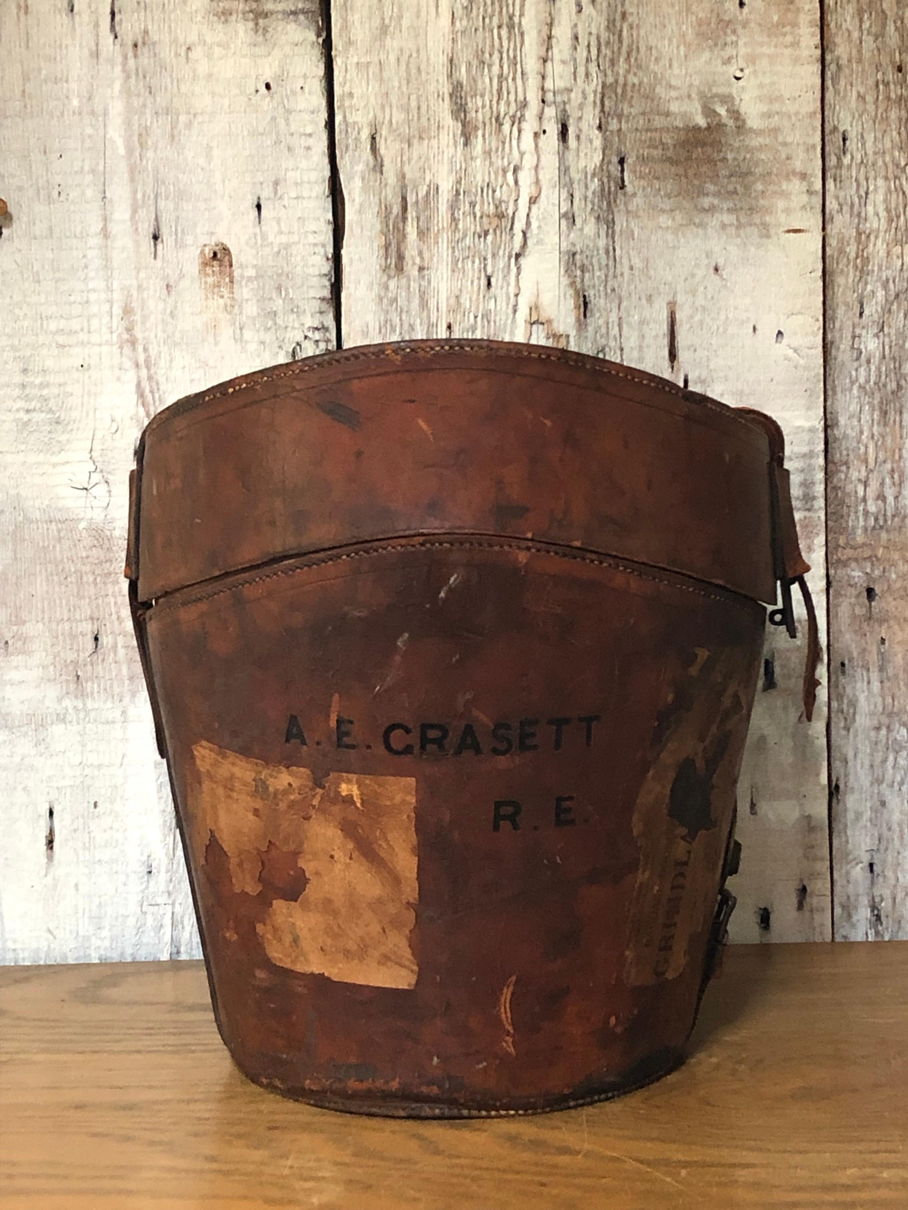 Antique Leather AN & CSL Triple Hat Box with Travel Stamps, Satin Lined, 1880s In Fair Condition For Sale In Vineyard Haven, MA
