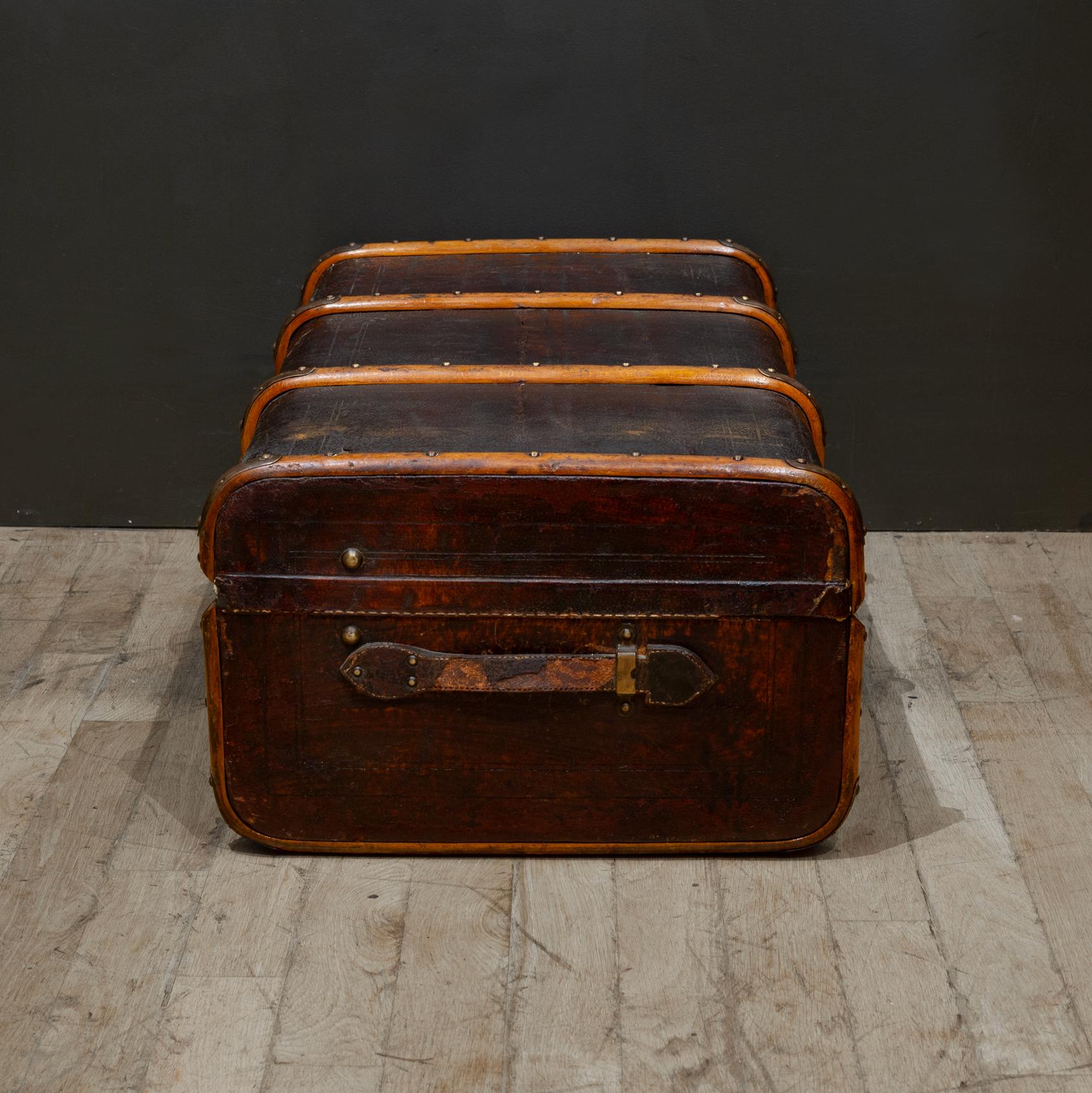 Victorian Antique Leather and Brass Steamer Trunk c.1880-1910 For Sale