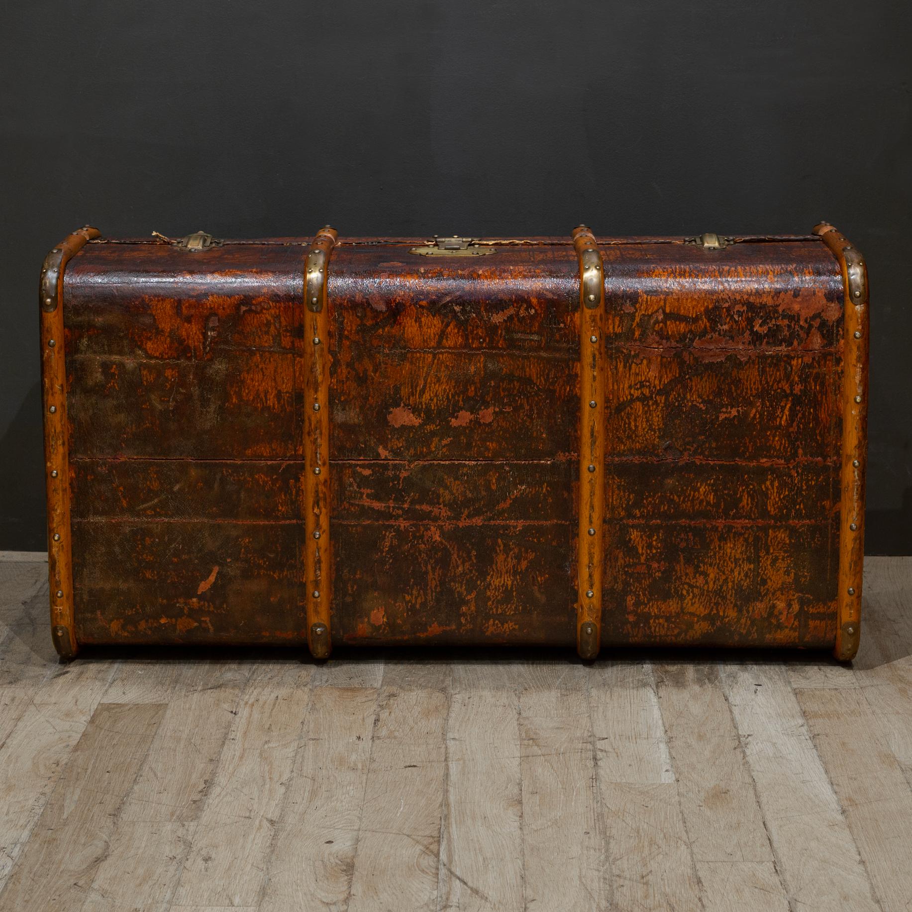 Wood Antique Leather and Brass Steamer Trunk c.1880-1910 For Sale