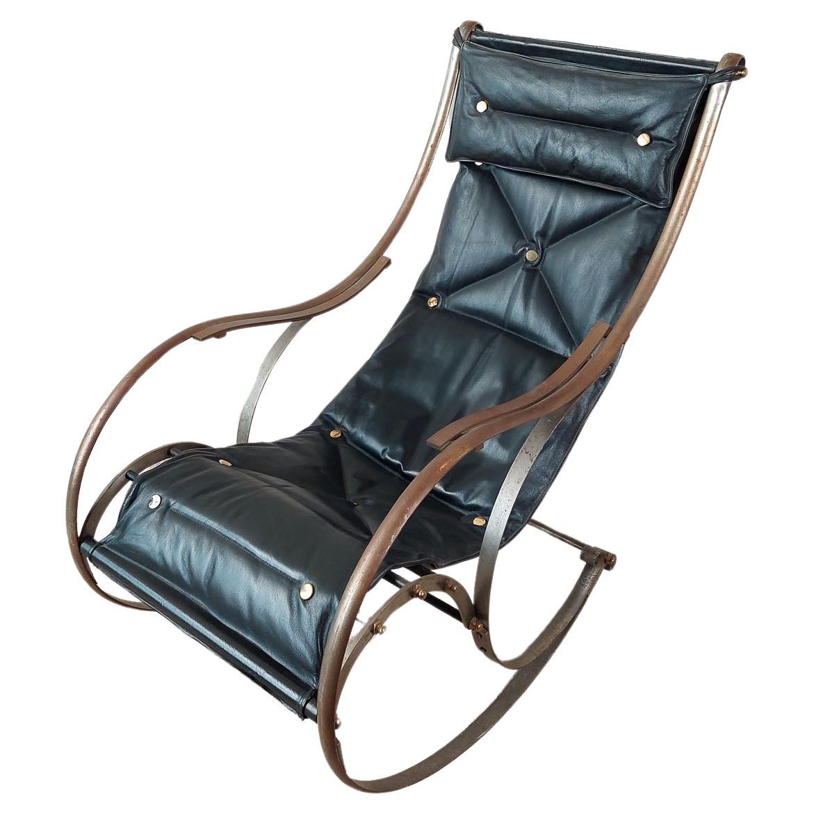 Antique leather and iron rocking chair by P. Cooper for R.W. Winfield, ca. 1850 For Sale