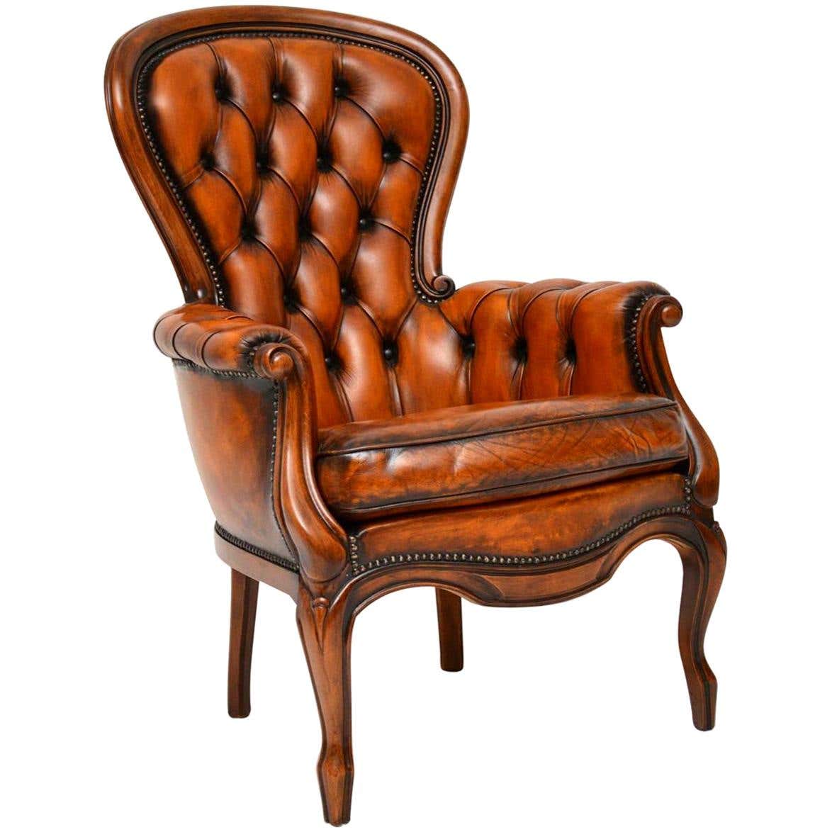 Antique Leather and Mahogany Spoon Back Armchair at 1stDibs