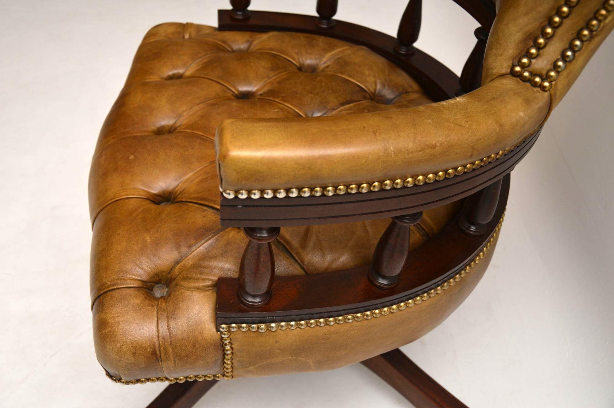 English Antique Leather and Mahogany Swivel Desk Chair