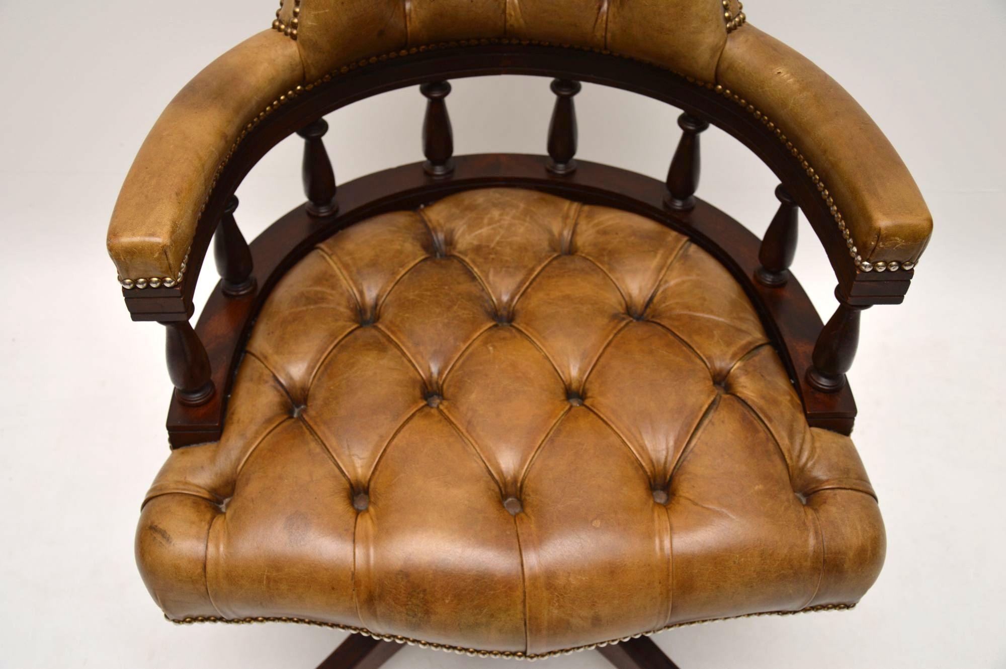 Mid-20th Century Antique Leather and Mahogany Swivel Desk Chair