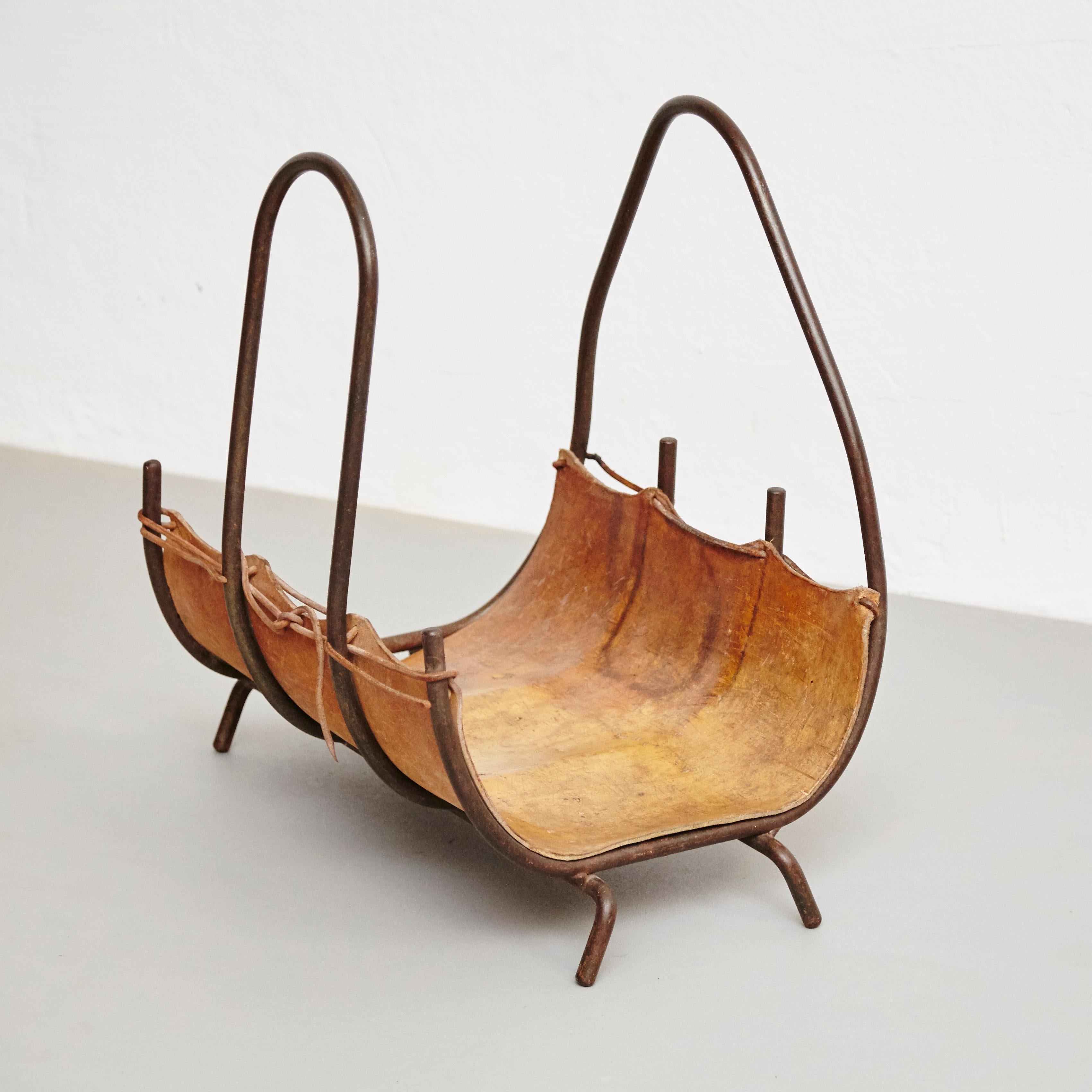 Antique Leather and Metal Firewood Basket, circa 1960 4