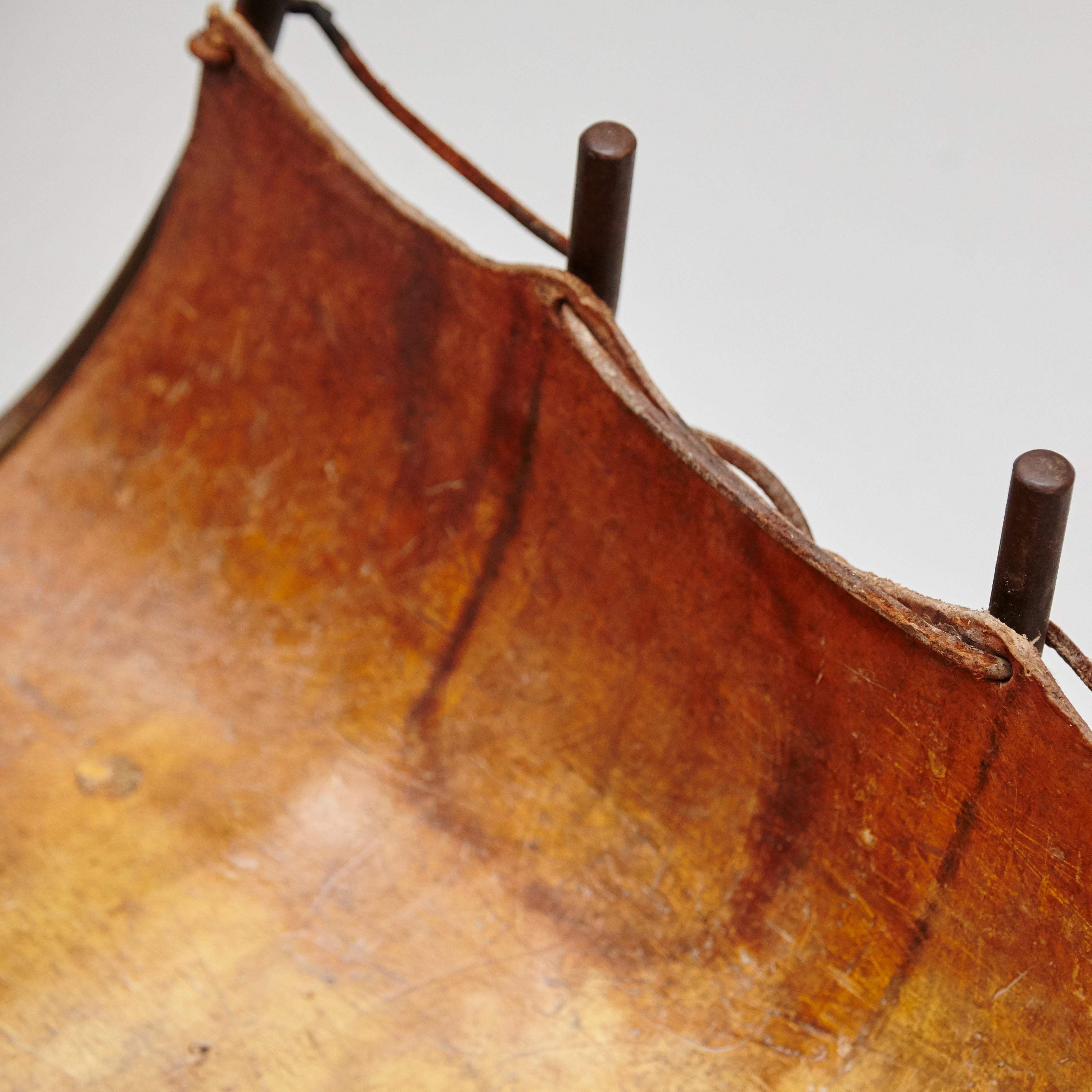 Antique Leather and Metal Firewood Basket, circa 1960 5