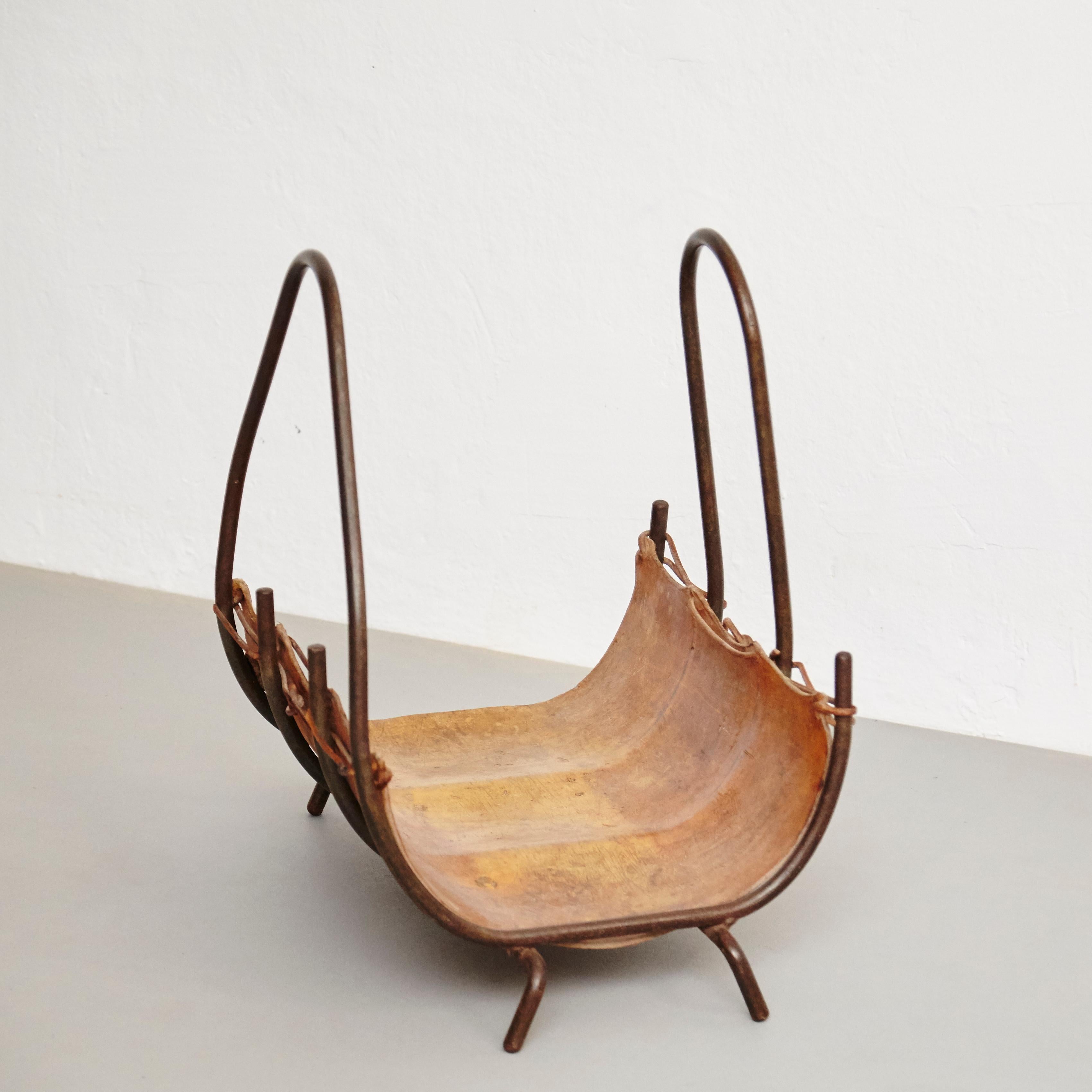 Mid-Century Modern Antique Leather and Metal Firewood Basket, circa 1960