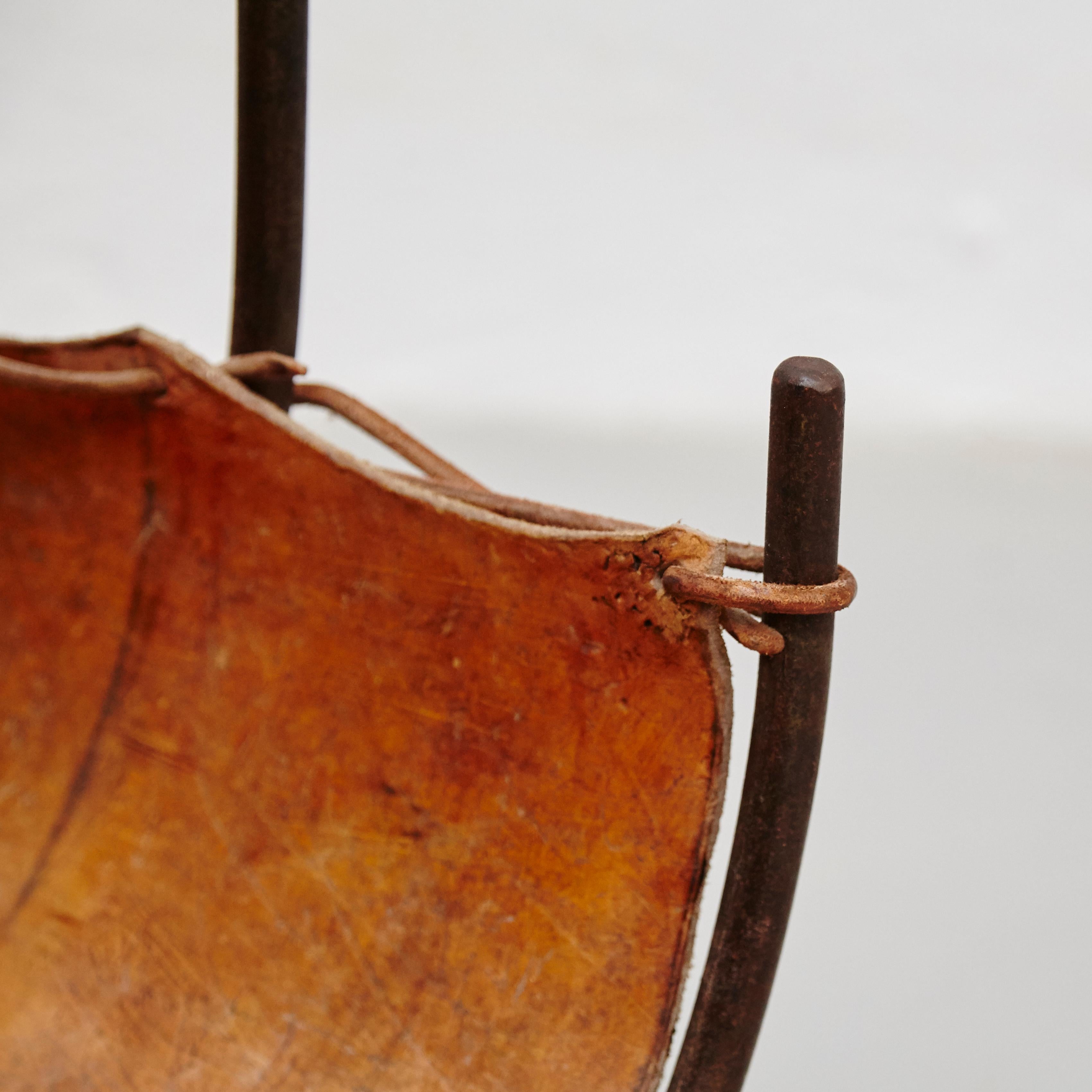 Mid-20th Century Antique Leather and Metal Firewood Basket, circa 1960
