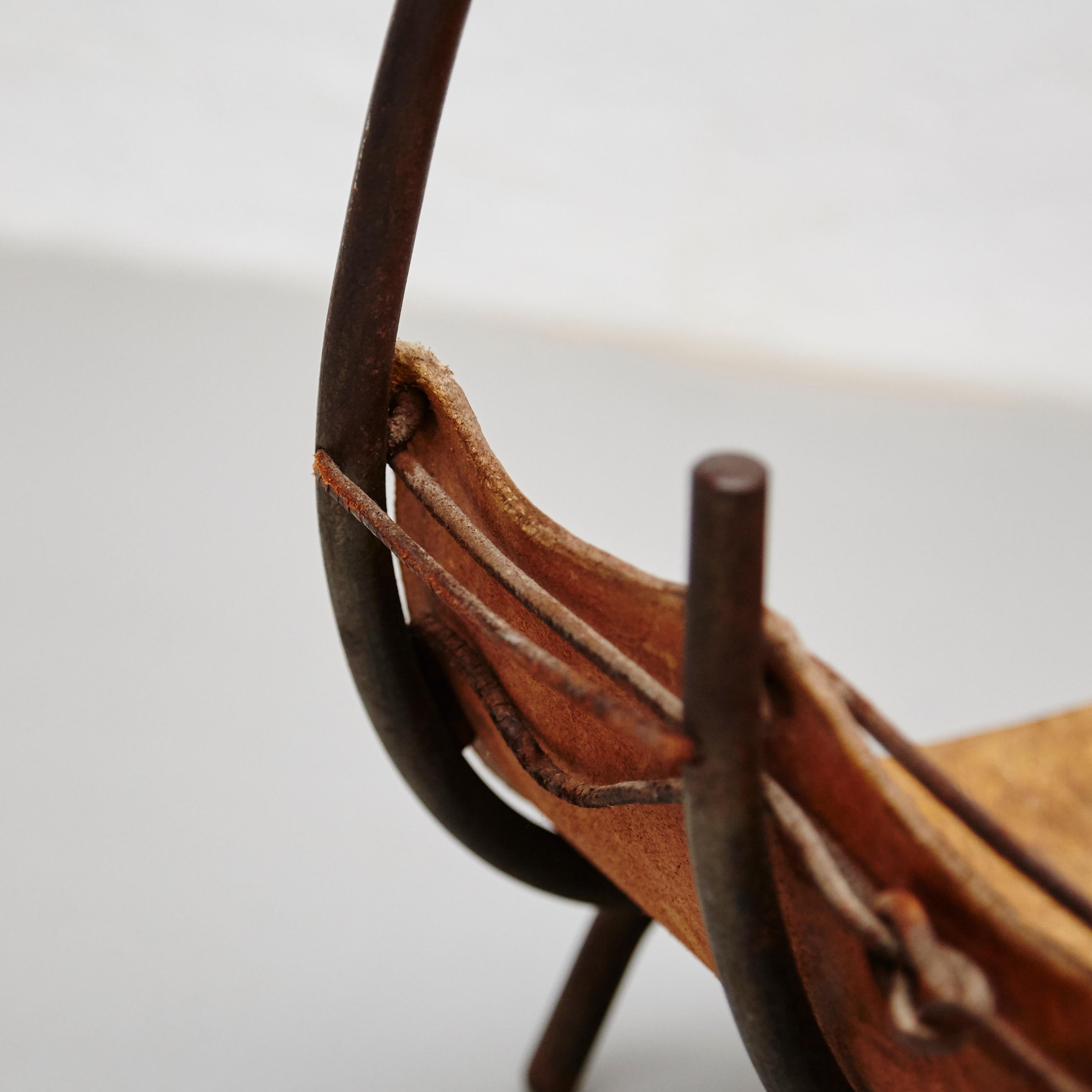 Antique Leather and Metal Firewood Basket, circa 1960 1
