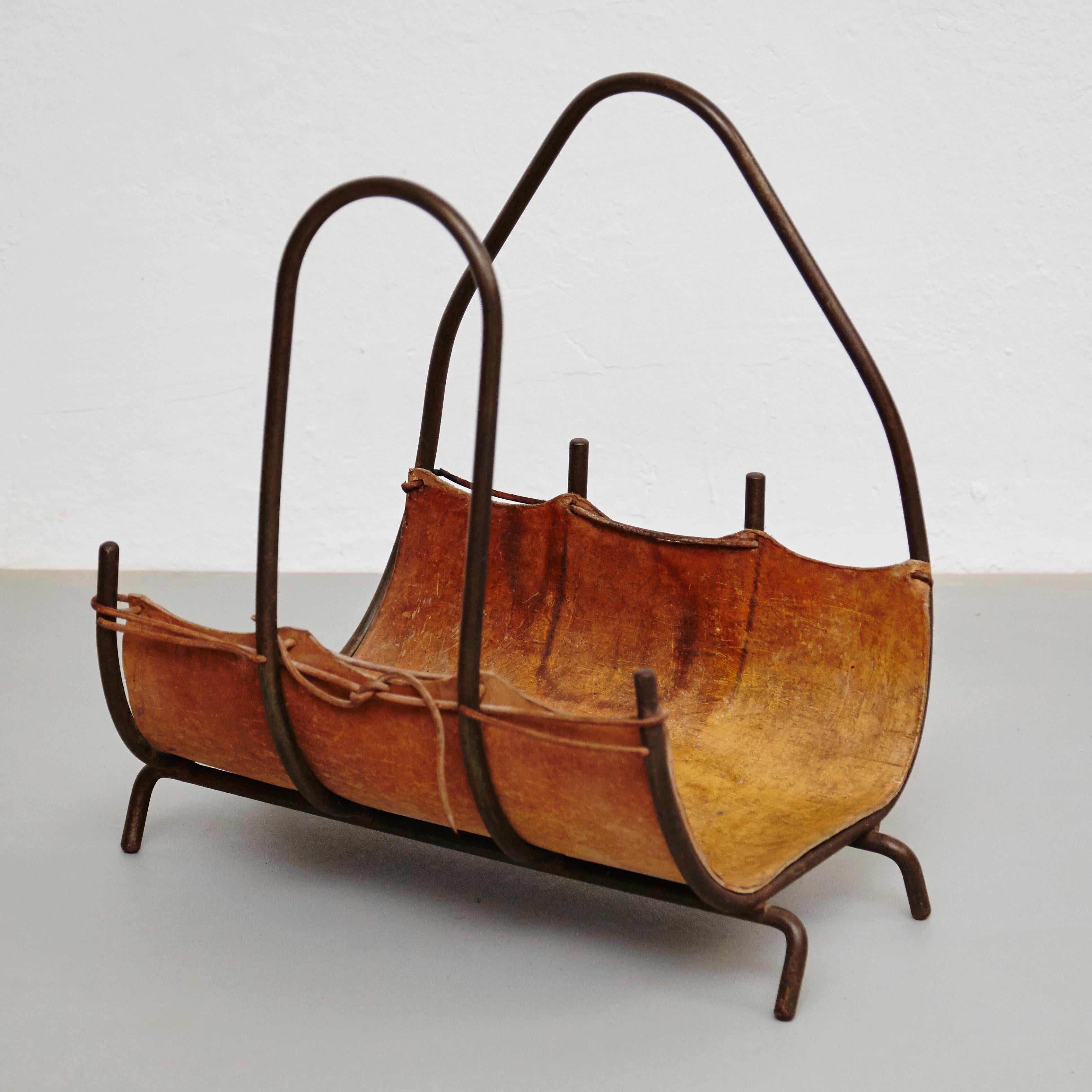 Antique Leather and Metal Firewood Basket, circa 1960 2