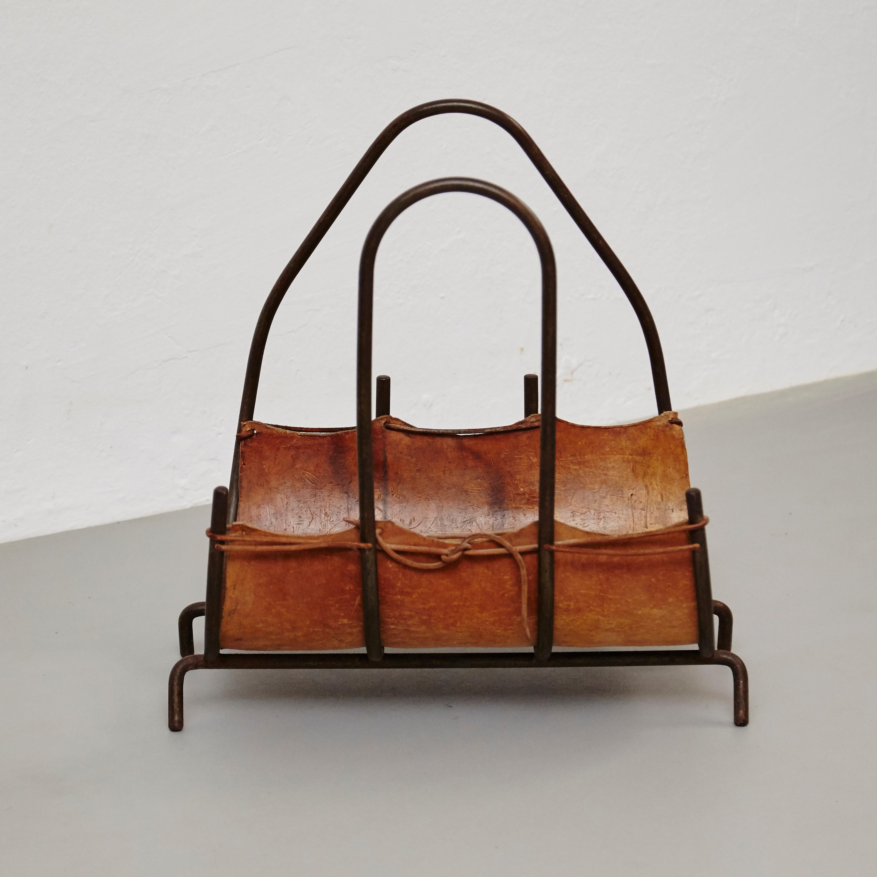 Antique Leather and Metal Firewood Basket, circa 1960 3