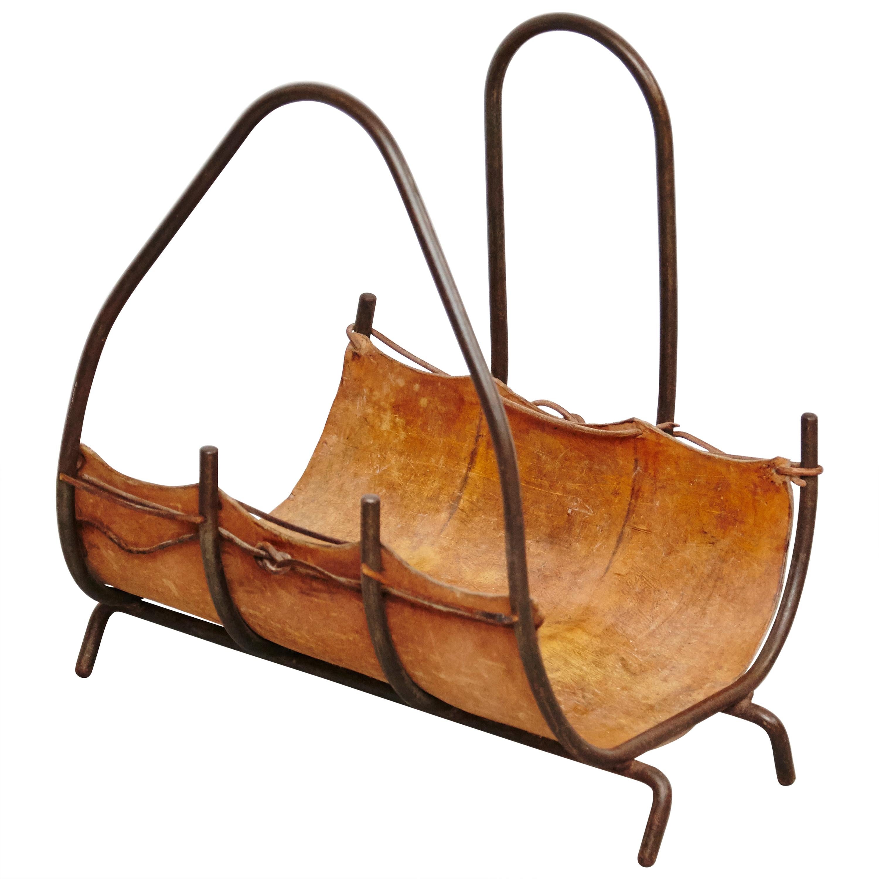Antique Leather and Metal Firewood Basket, circa 1960