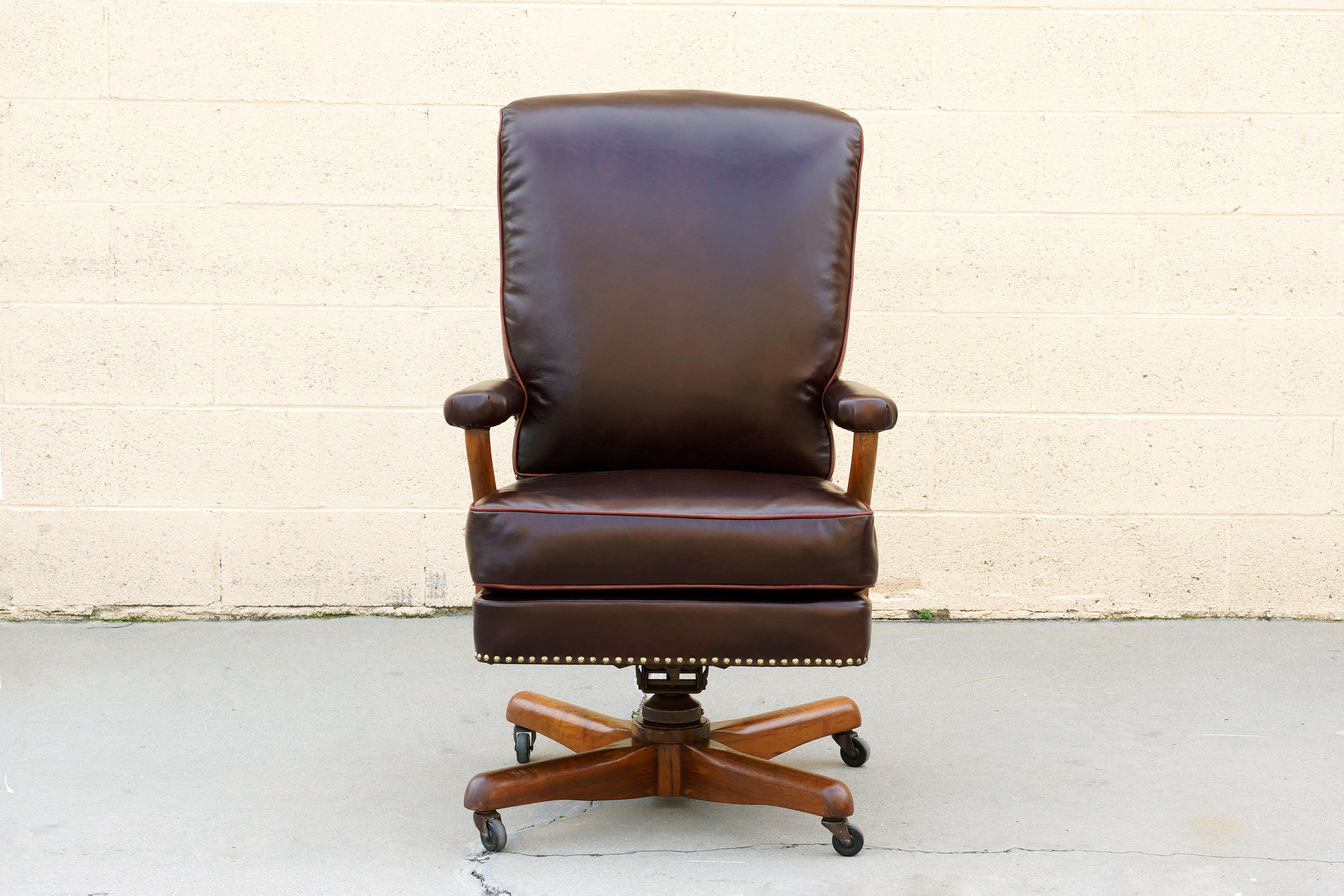 American Craftsman Antique Leather and Walnut Armchair, Refinished