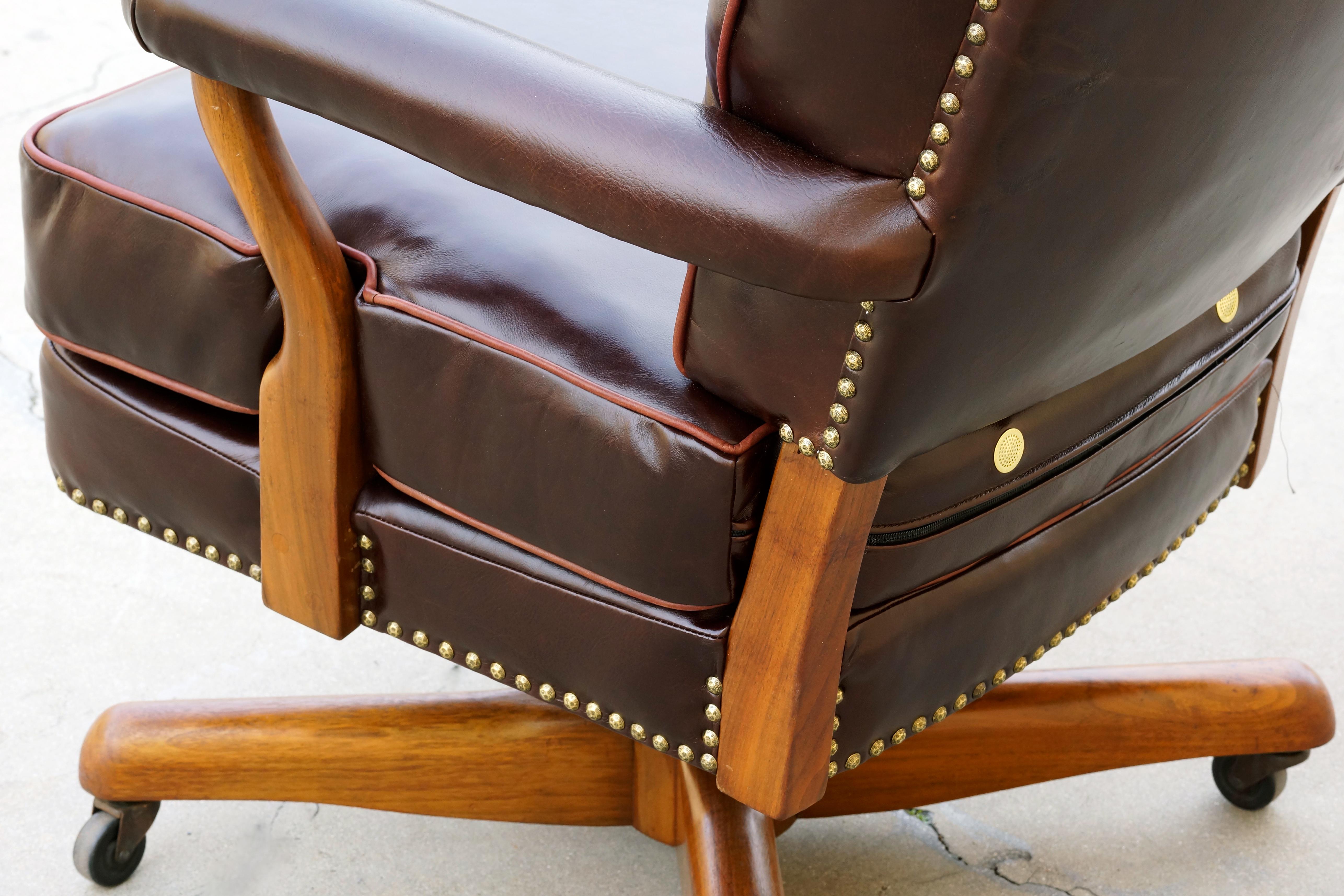 American Antique Leather and Walnut Armchair, Refinished