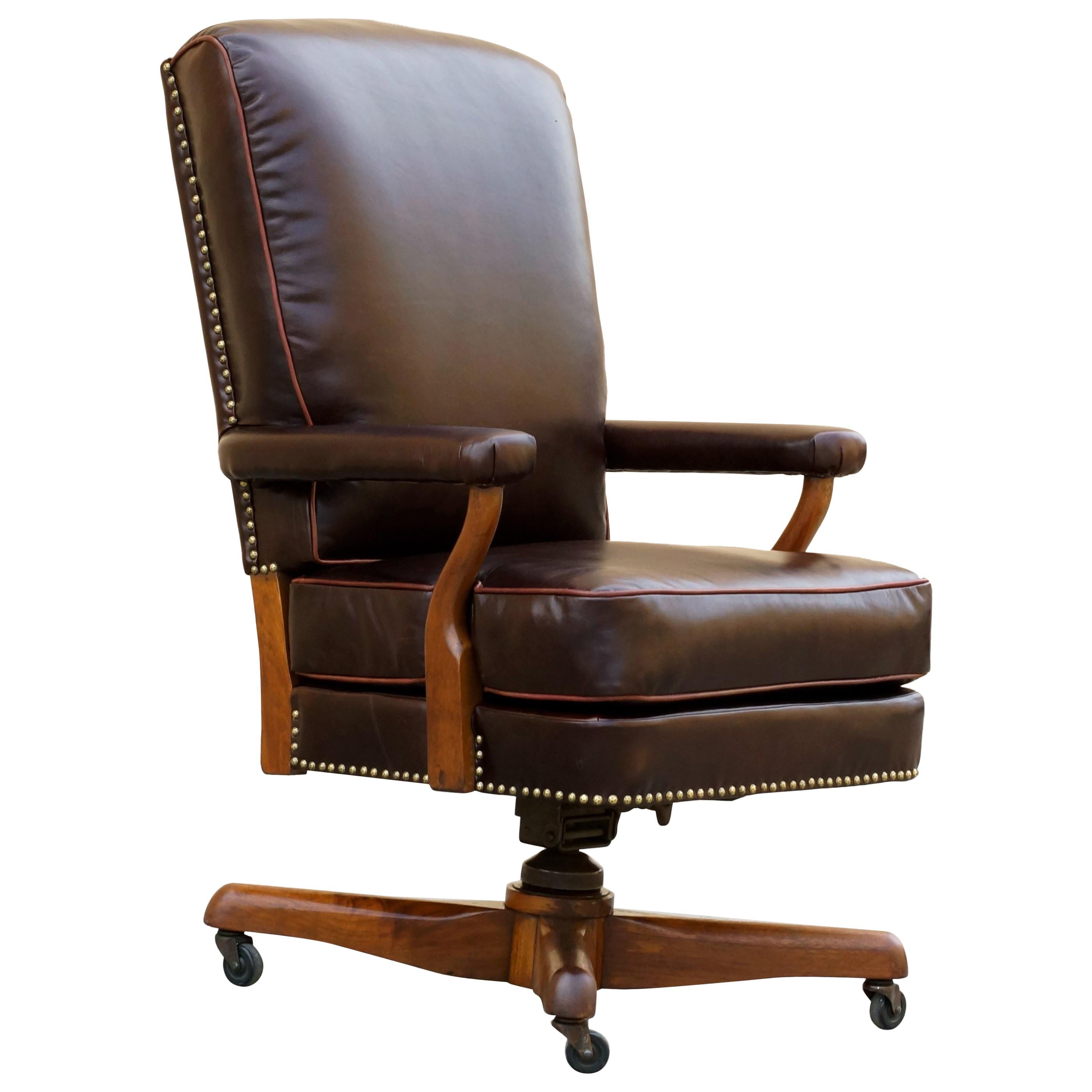 Antique Leather and Walnut Armchair, Refinished For Sale