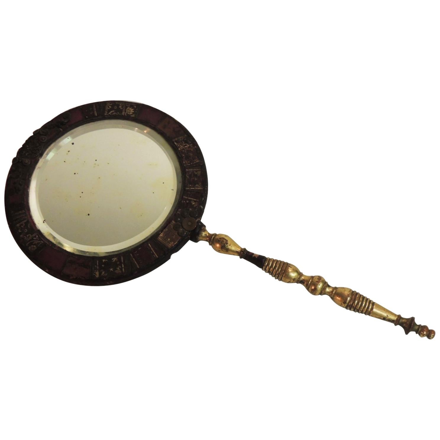 Antique Leather and Wood Round Hand Mirror