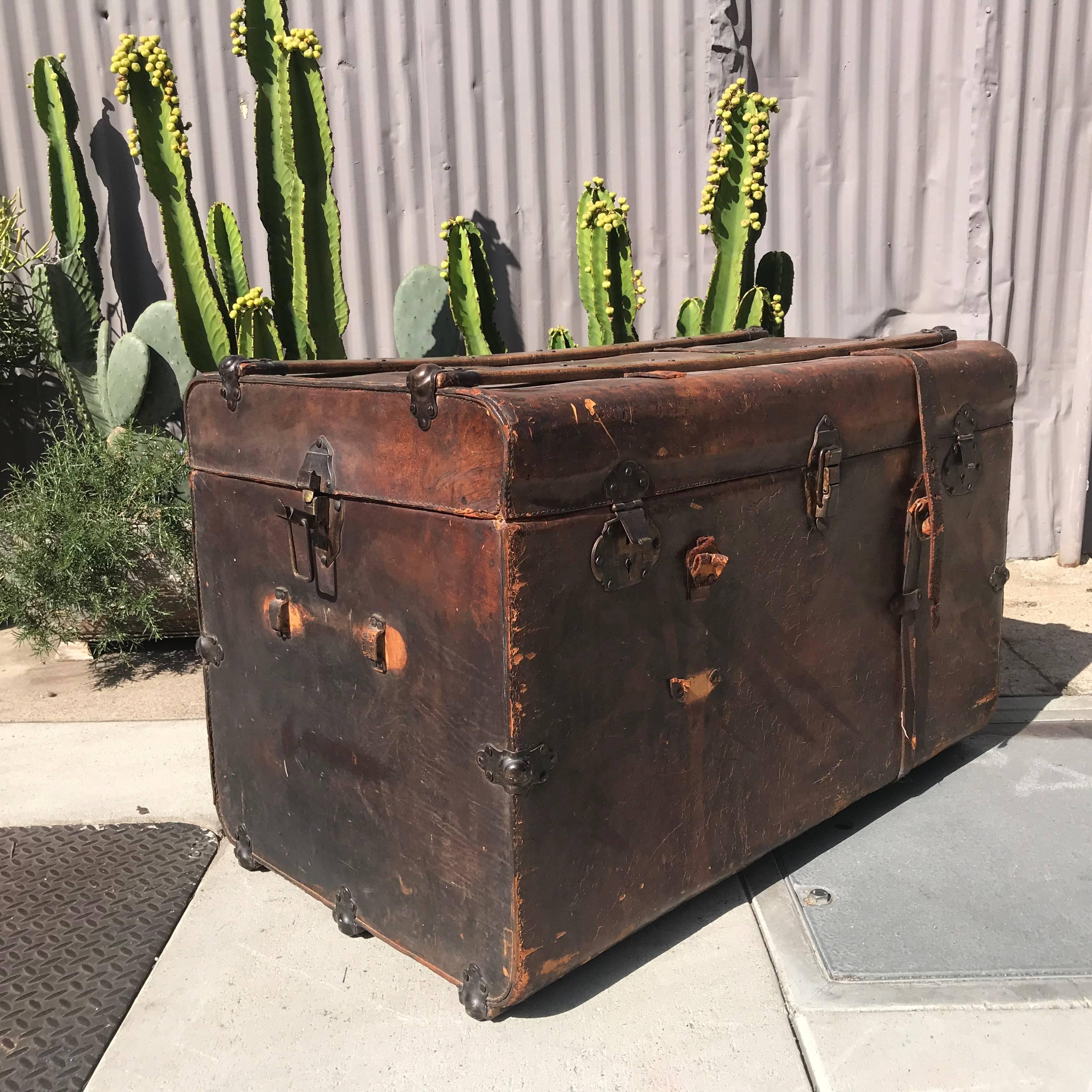 19th Century Antique Leather and Wood Trunk, circa 1890