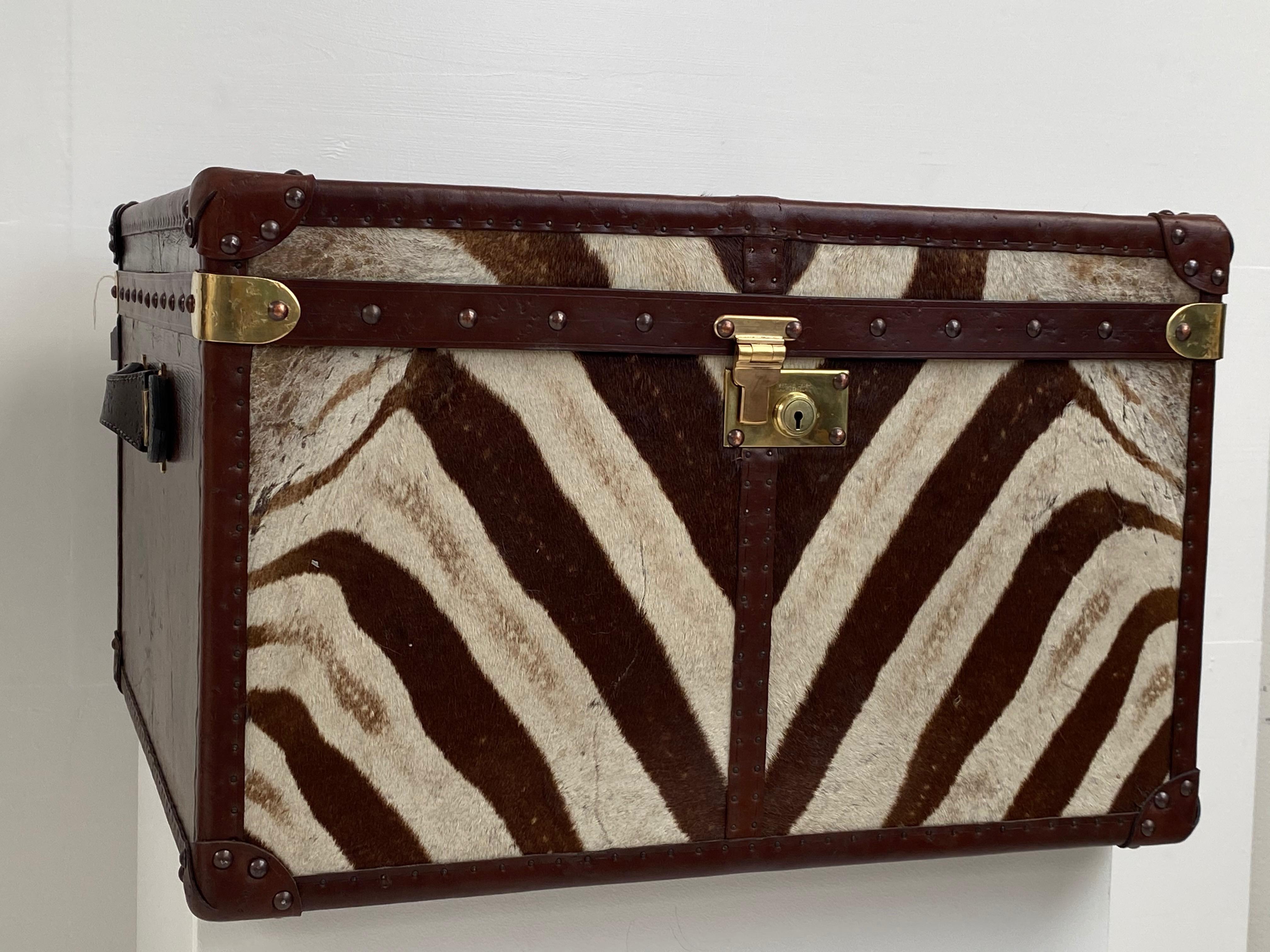 English Antique Leather and Zebra Skin Trunk
