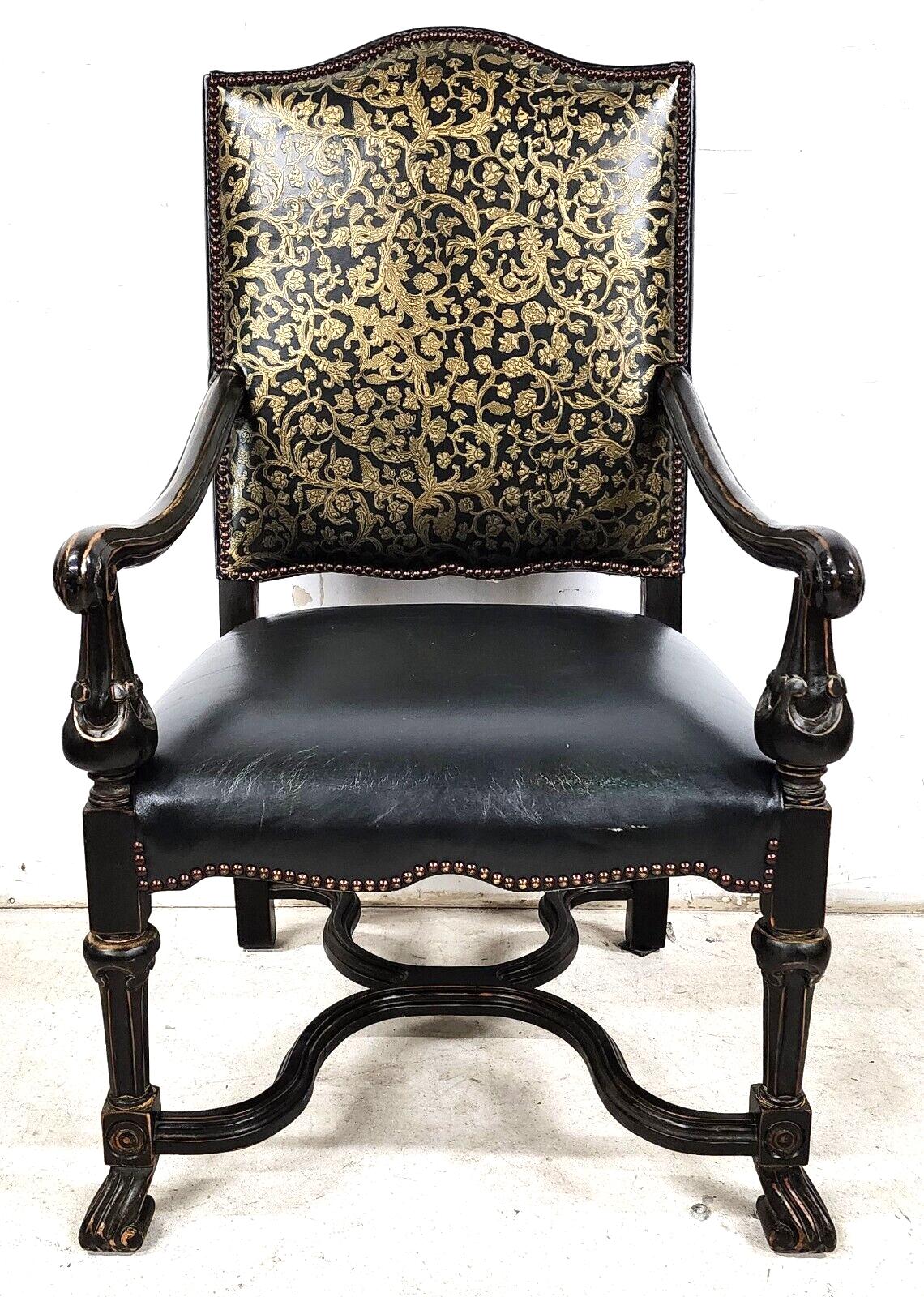 For FULL item description click on CONTINUE READING at the bottom of this page.

Offering One Of Our Recent Palm Beach Estate Fine Furniture Acquisitions Of An 
Antique Hand Colored Embossed Leather Throne Armchair 1800's 
Inside back is
