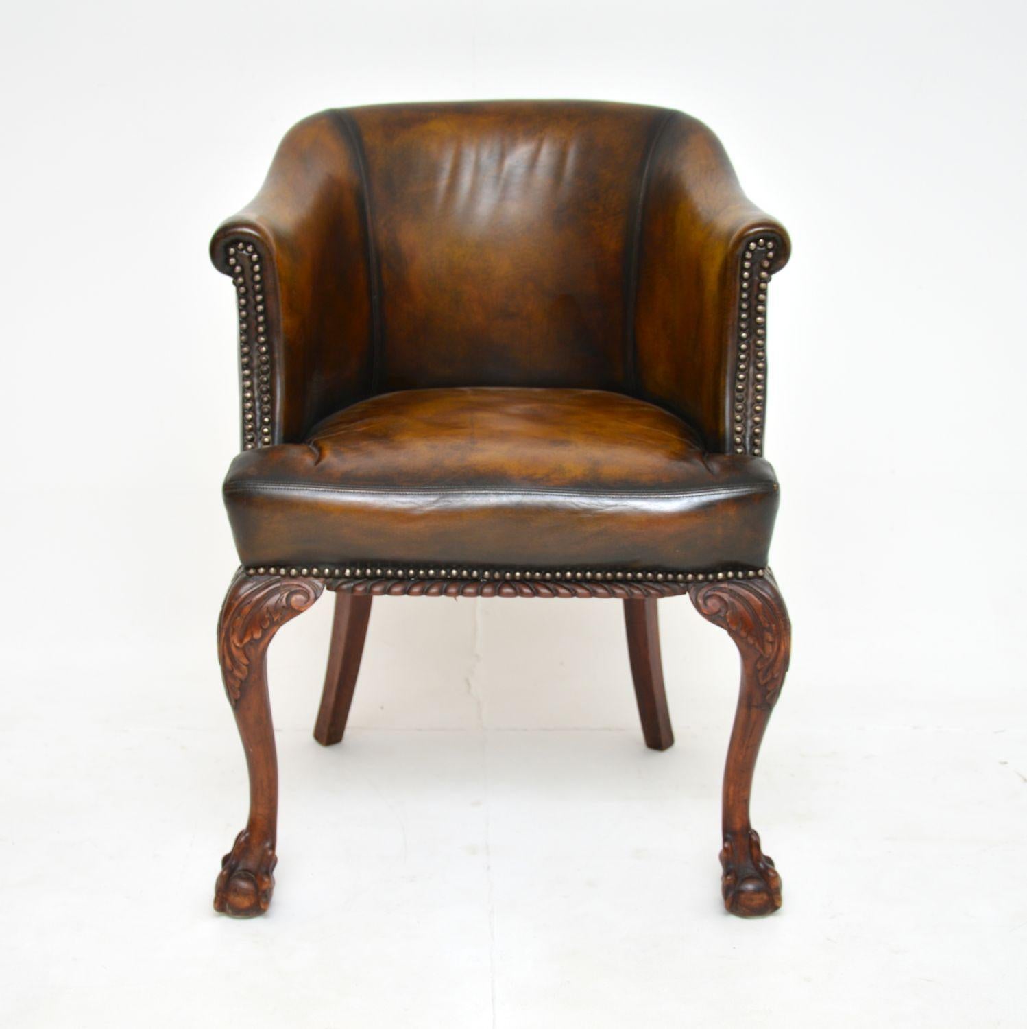 Chippendale Antique Leather Armchair / Desk Chair