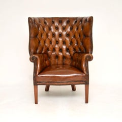 Antique Leather Barrel Back Wing Armchair