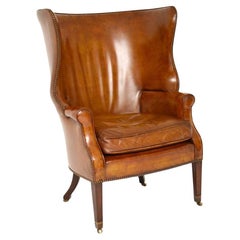 Antique Leather Barrel Back Wing Armchair