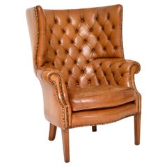 Antique Leather Barrel Back Wing Armchair