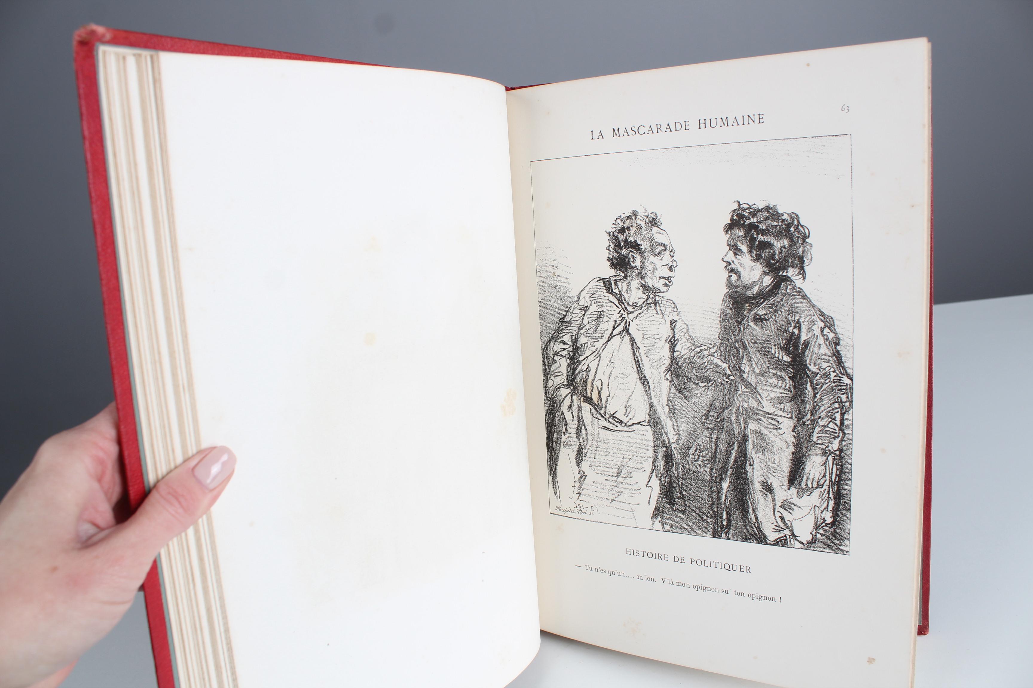 Antikes Lederbuch „La Mascarade Humaine“, von Gavarni, 1881er Jahre, Frankreich im Angebot 3