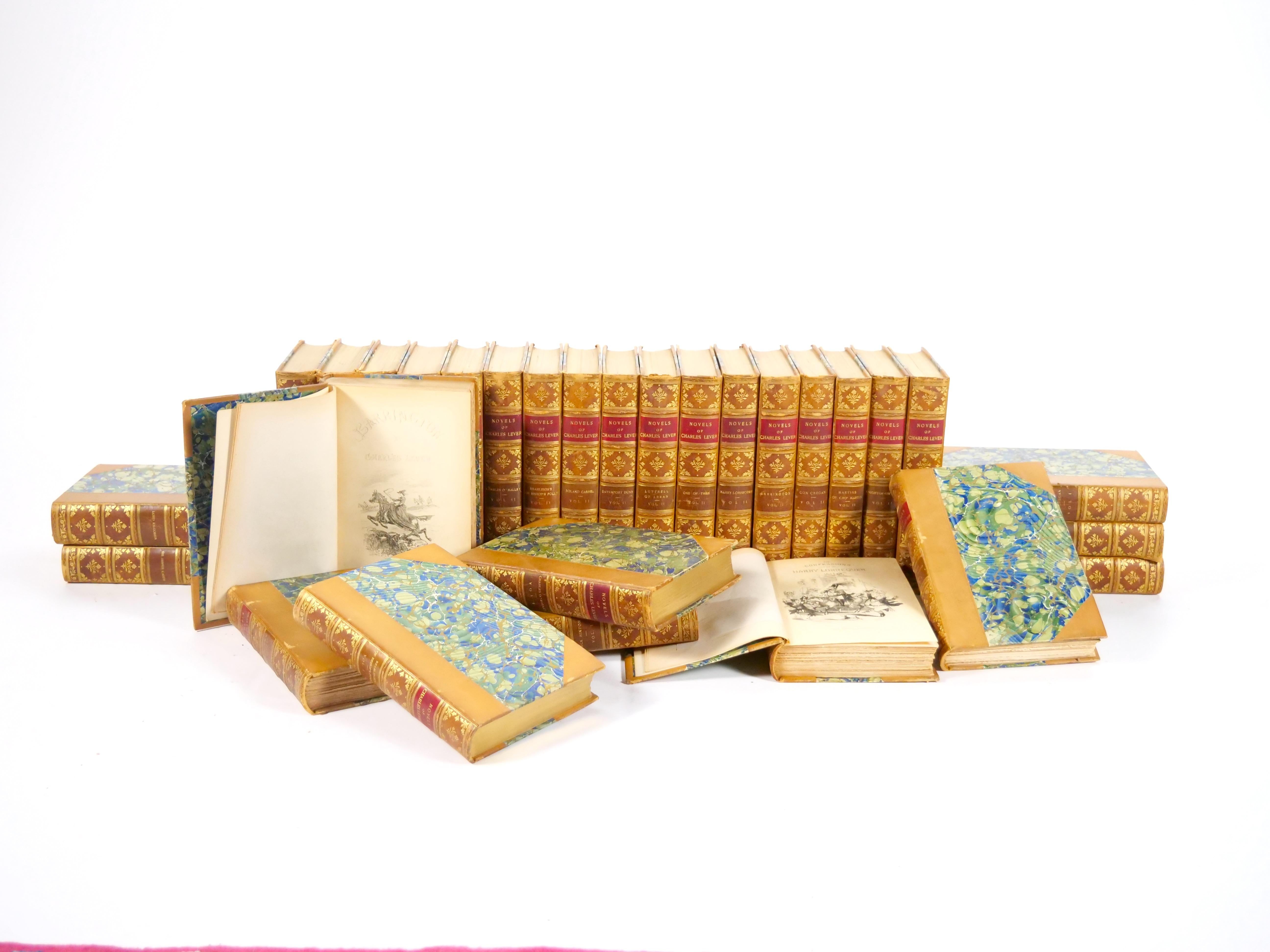 This rare and distinguished 29-volume set of The Novels of Charles Lever, published in 1894 by Little, Brown & Company, Boston, MA, is a magnificent addition to any fine library or study. Bound in three-quarter tan leather with gilt-stamped spines,