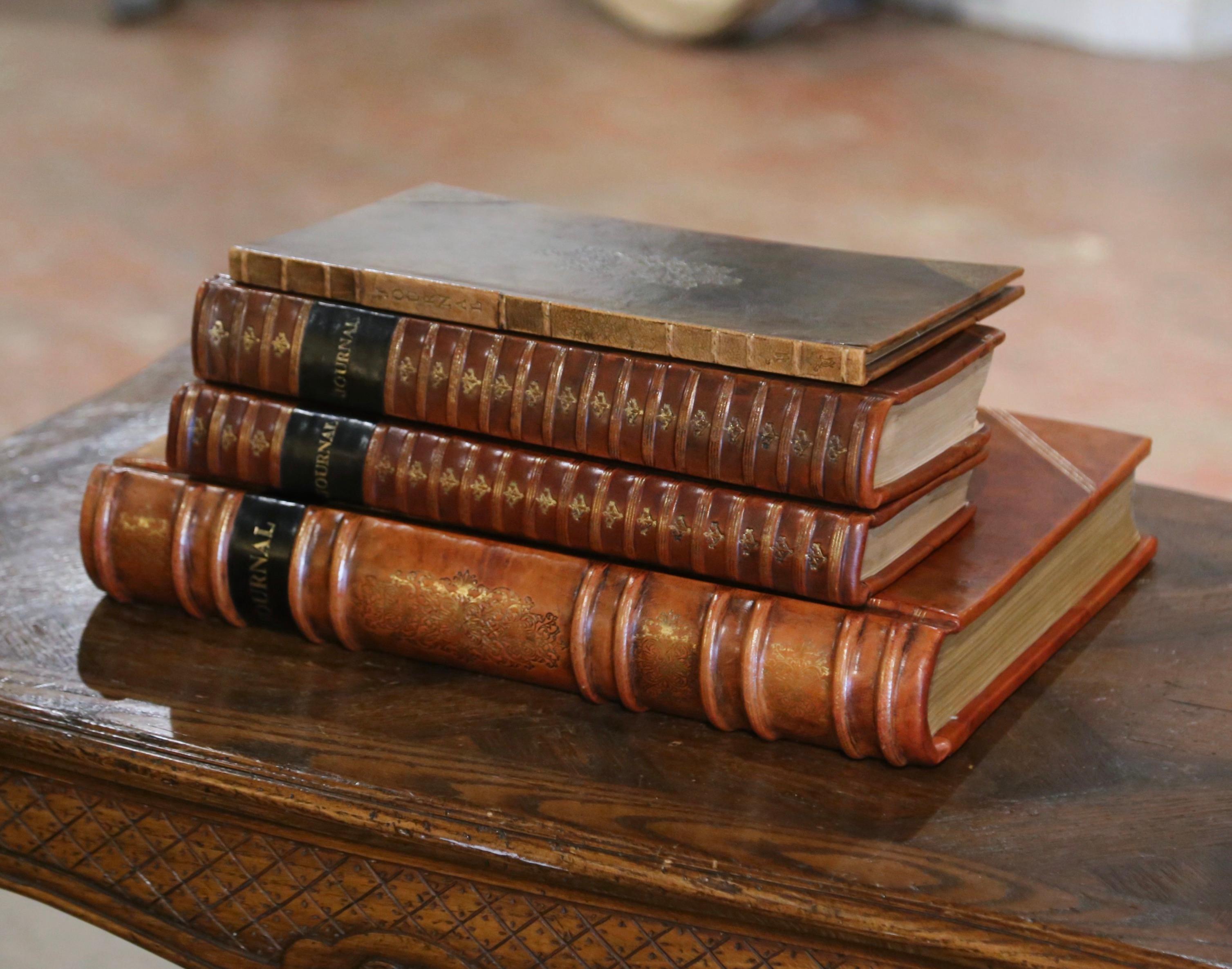  Antique Leather Bound and Gilt Accounting Books Dated 1909/1928, Set of Four In Excellent Condition In Dallas, TX