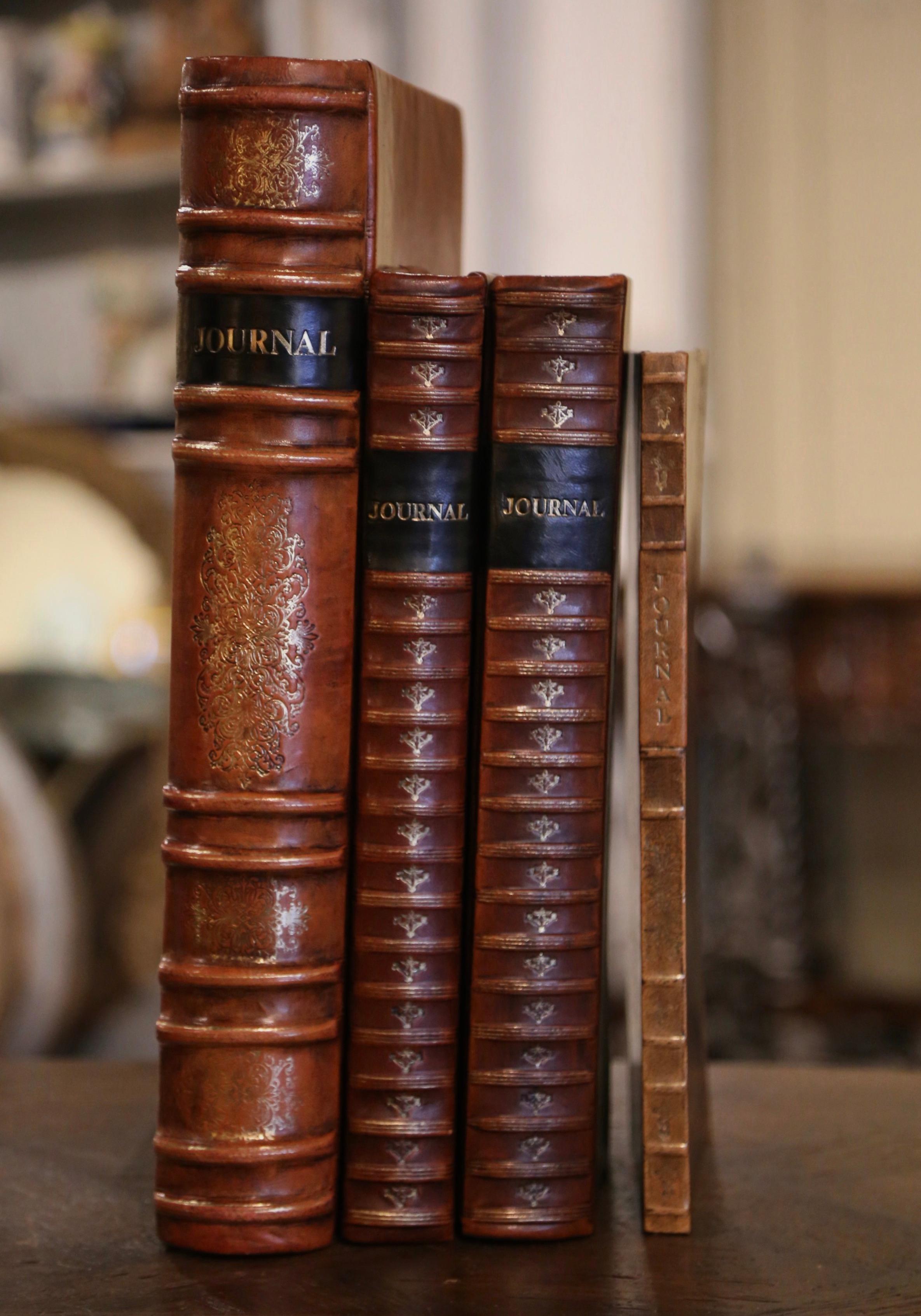  Antique Leather Bound and Gilt Accounting Books Dated 1909/1928, Set of Four 1
