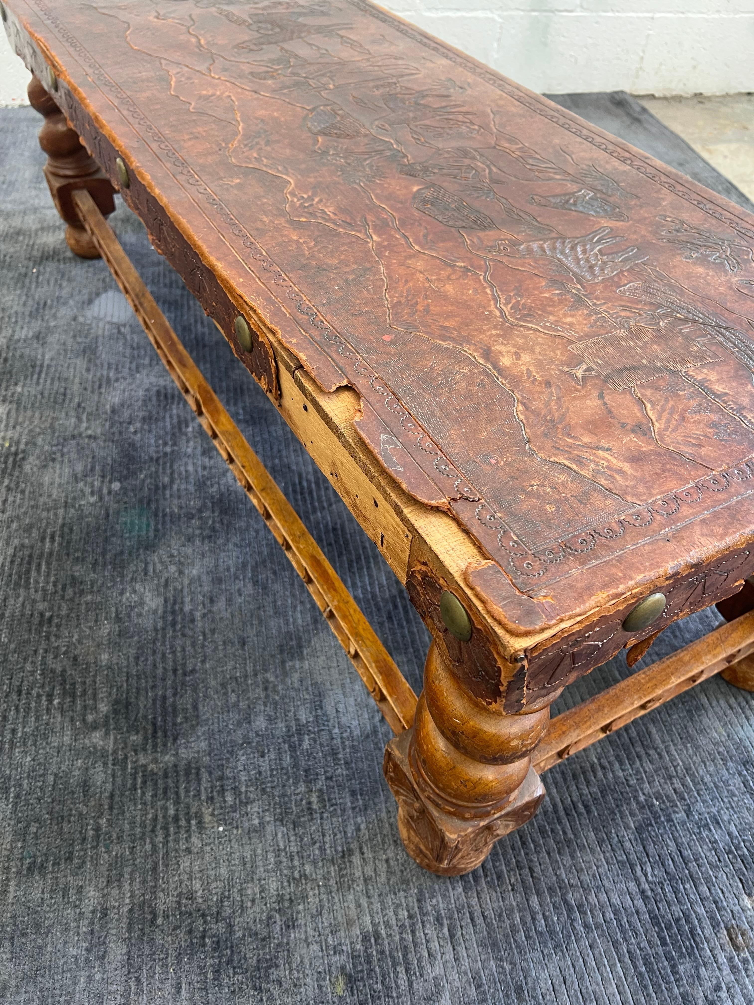 Antique leather bound coffee table, Peruvian, Spanish revival  3