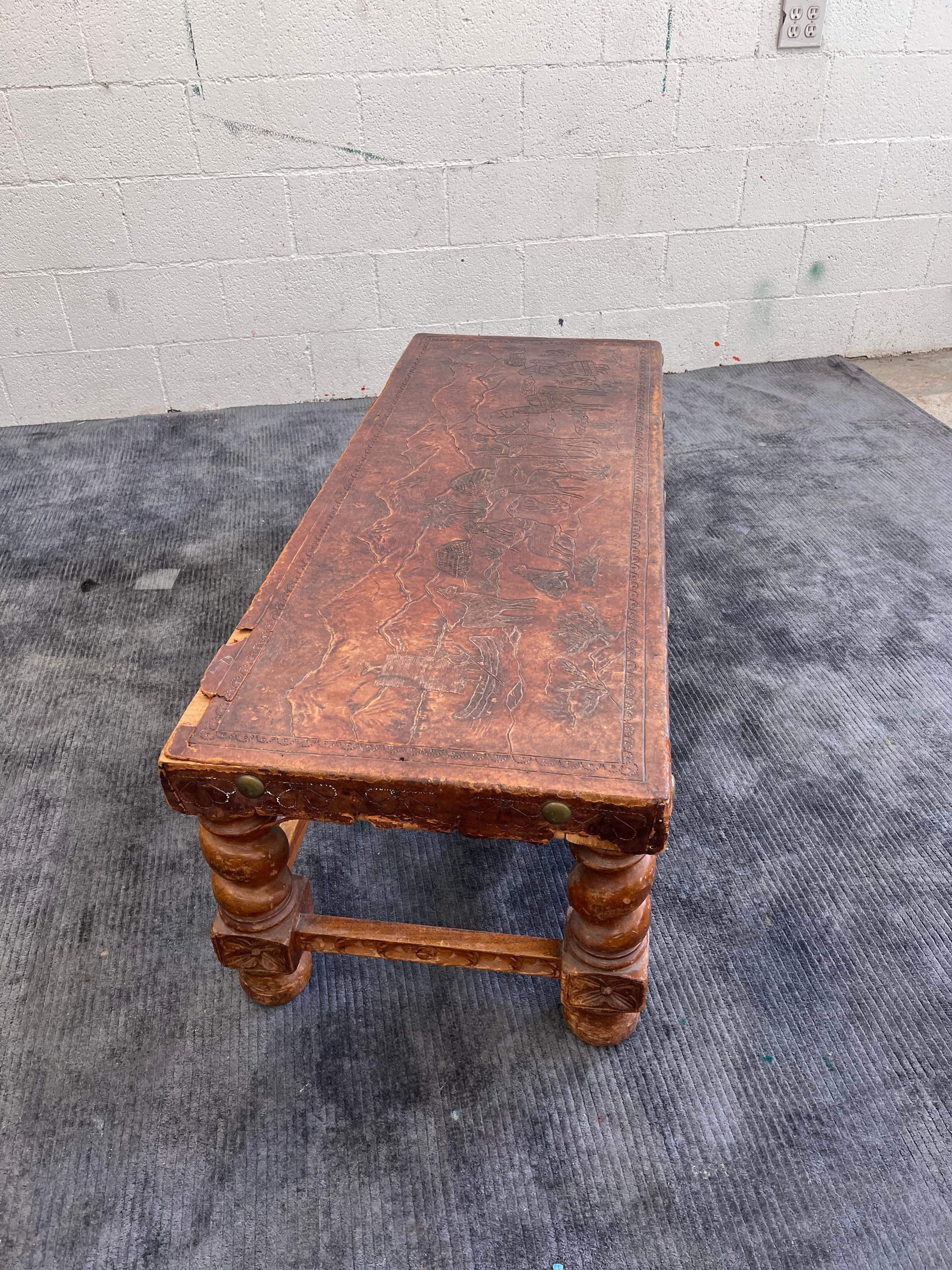 Antique leather bound coffee table, Peruvian, Spanish revival  In Distressed Condition In Los Angeles, CA