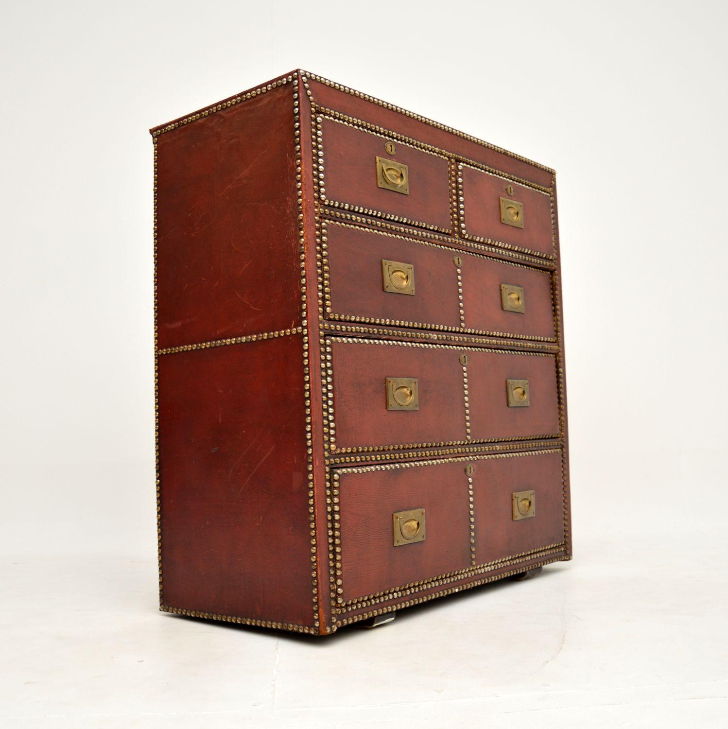 British Antique Leather Bound Military Campaign Chest of Drawers For Sale