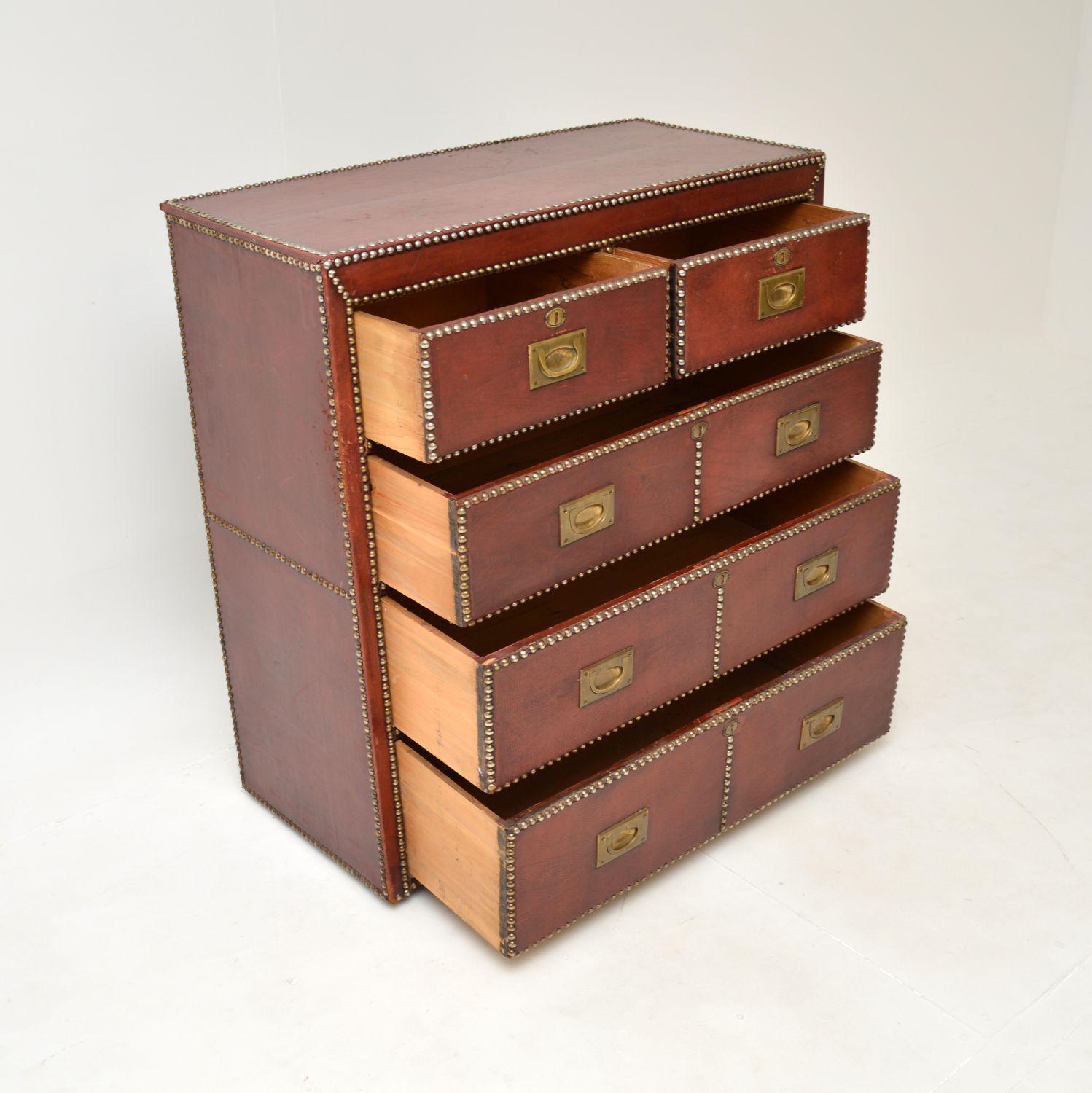 Brass Antique Leather Bound Military Campaign Chest of Drawers For Sale