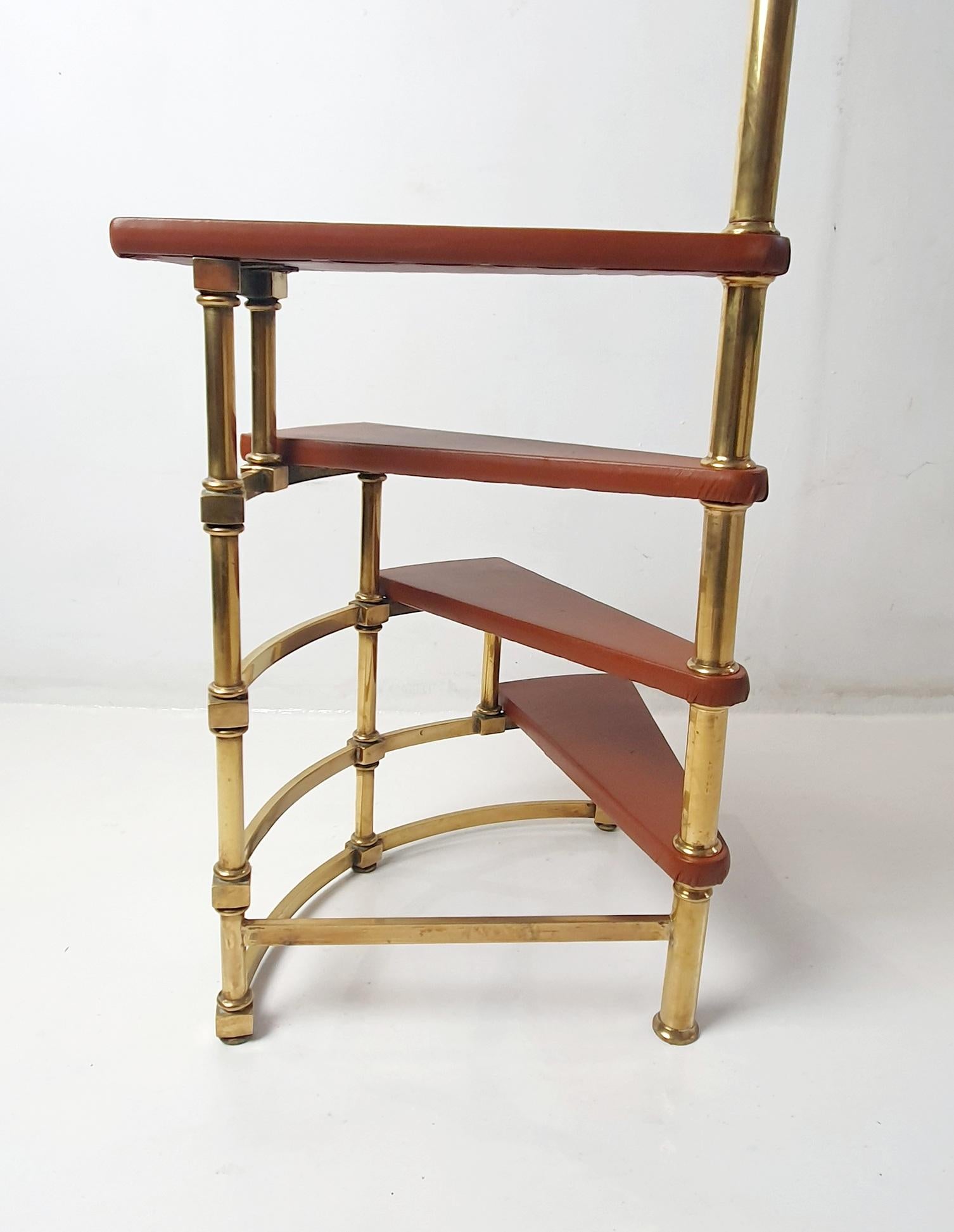 French Antique Leather Brass Library Steps For Sale
