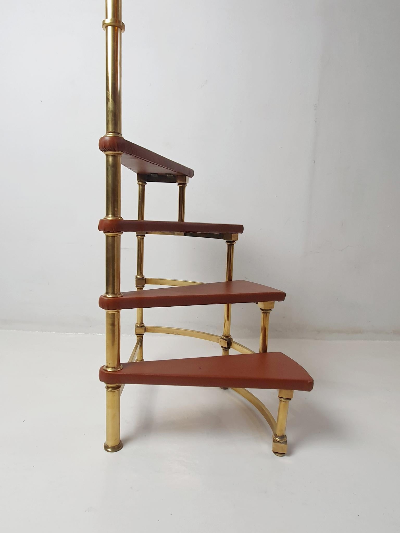 Antique Leather Brass Library Steps For Sale 1