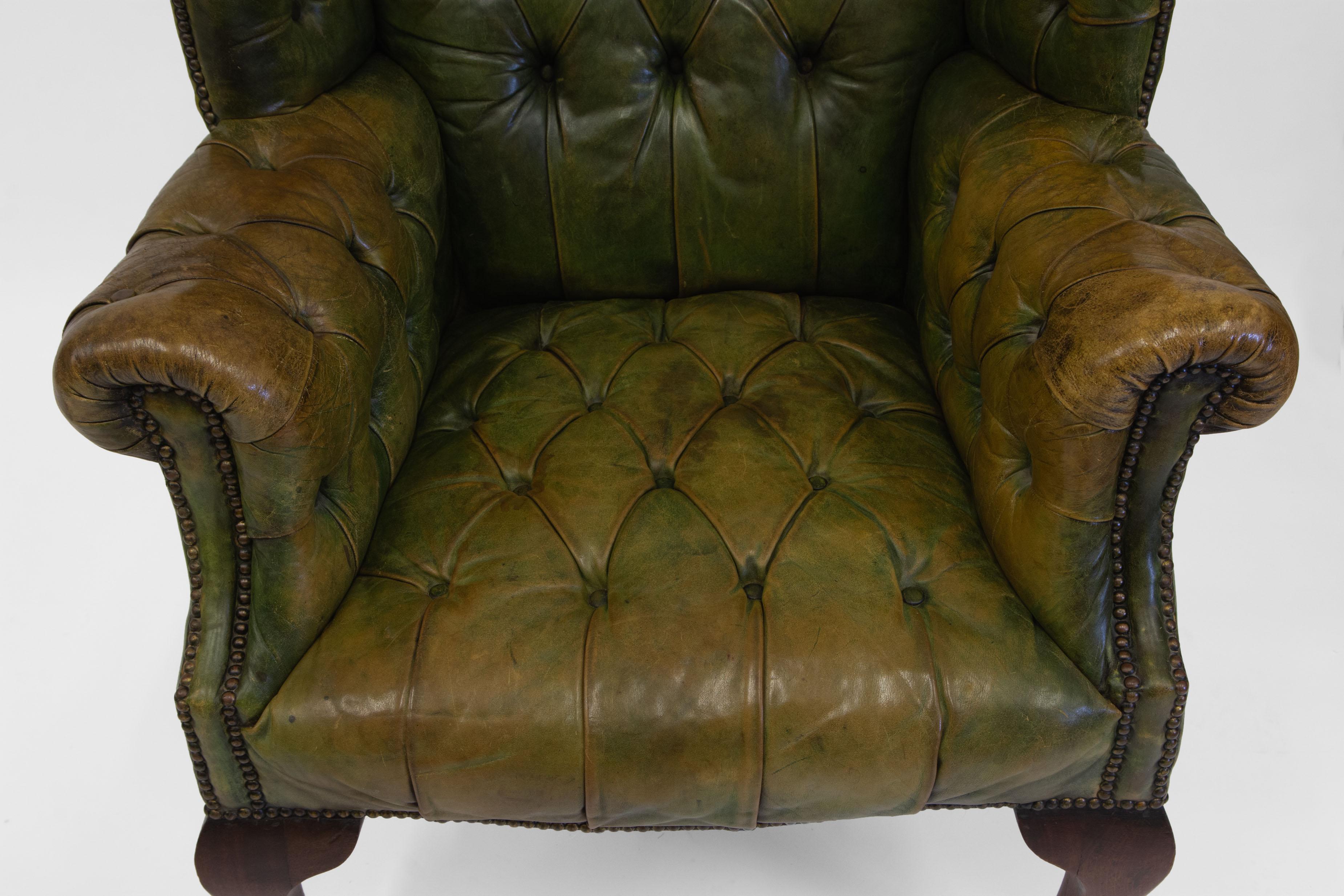 Antique Leather Button Wingback Armchair with Claw and Ball Foot 3