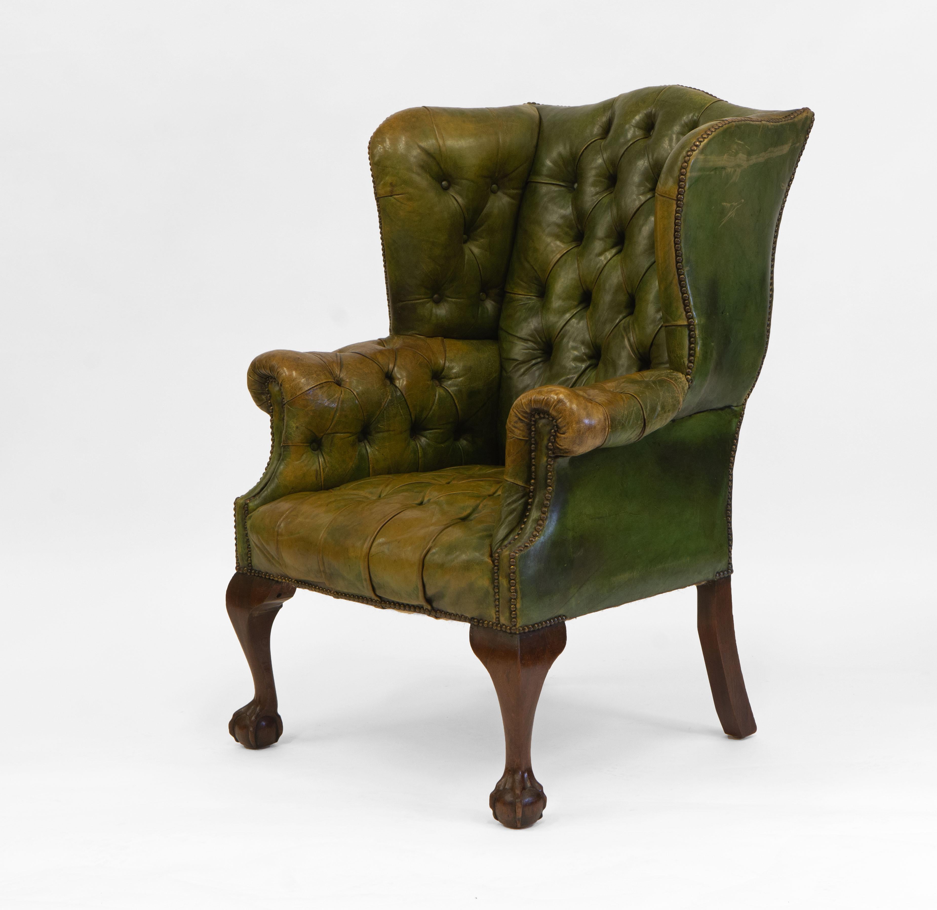 Antique Leather Button Wingback Armchair with Claw and Ball Foot 8