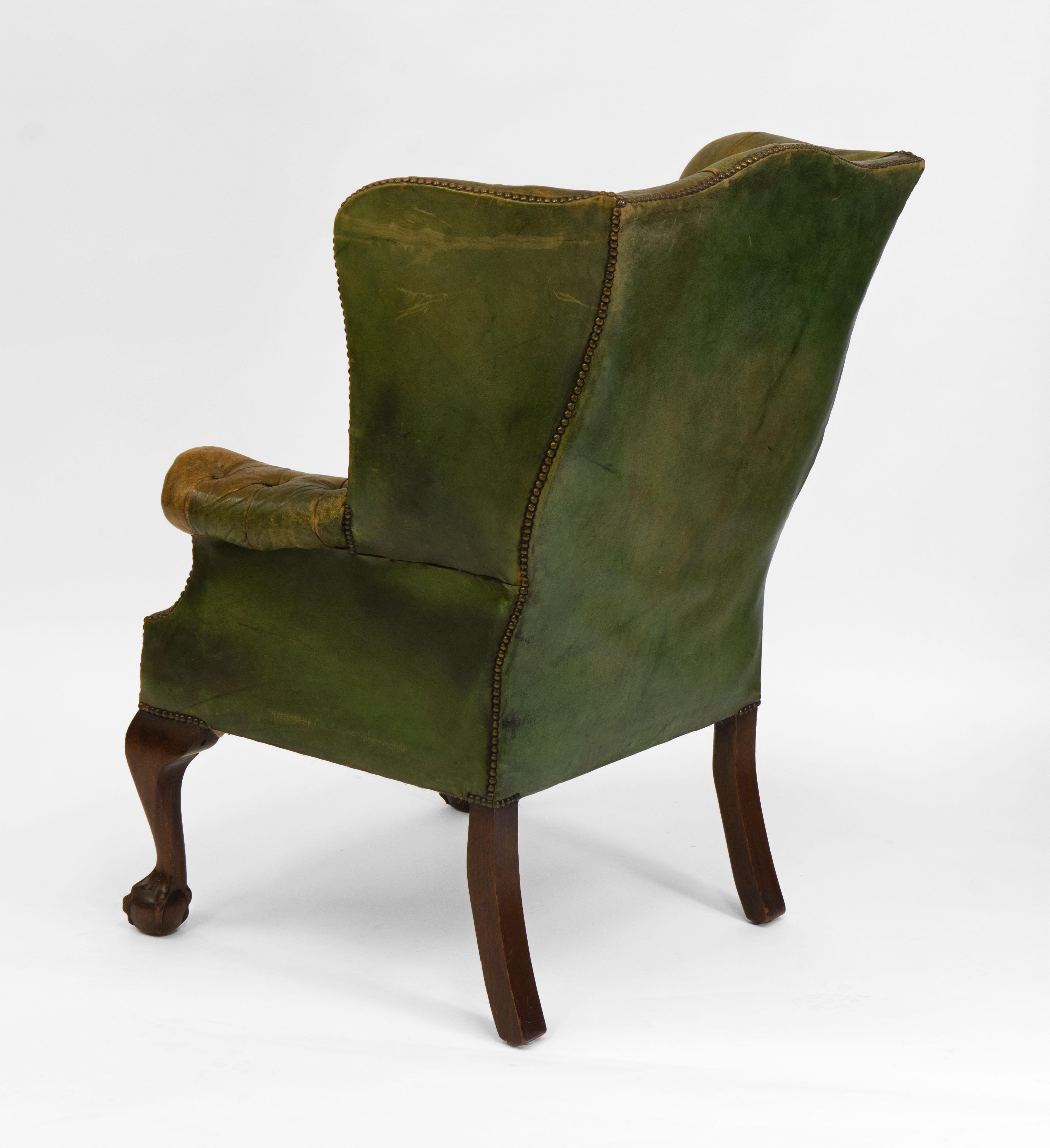 Georgian Antique Leather Button Wingback Armchair with Claw and Ball Foot