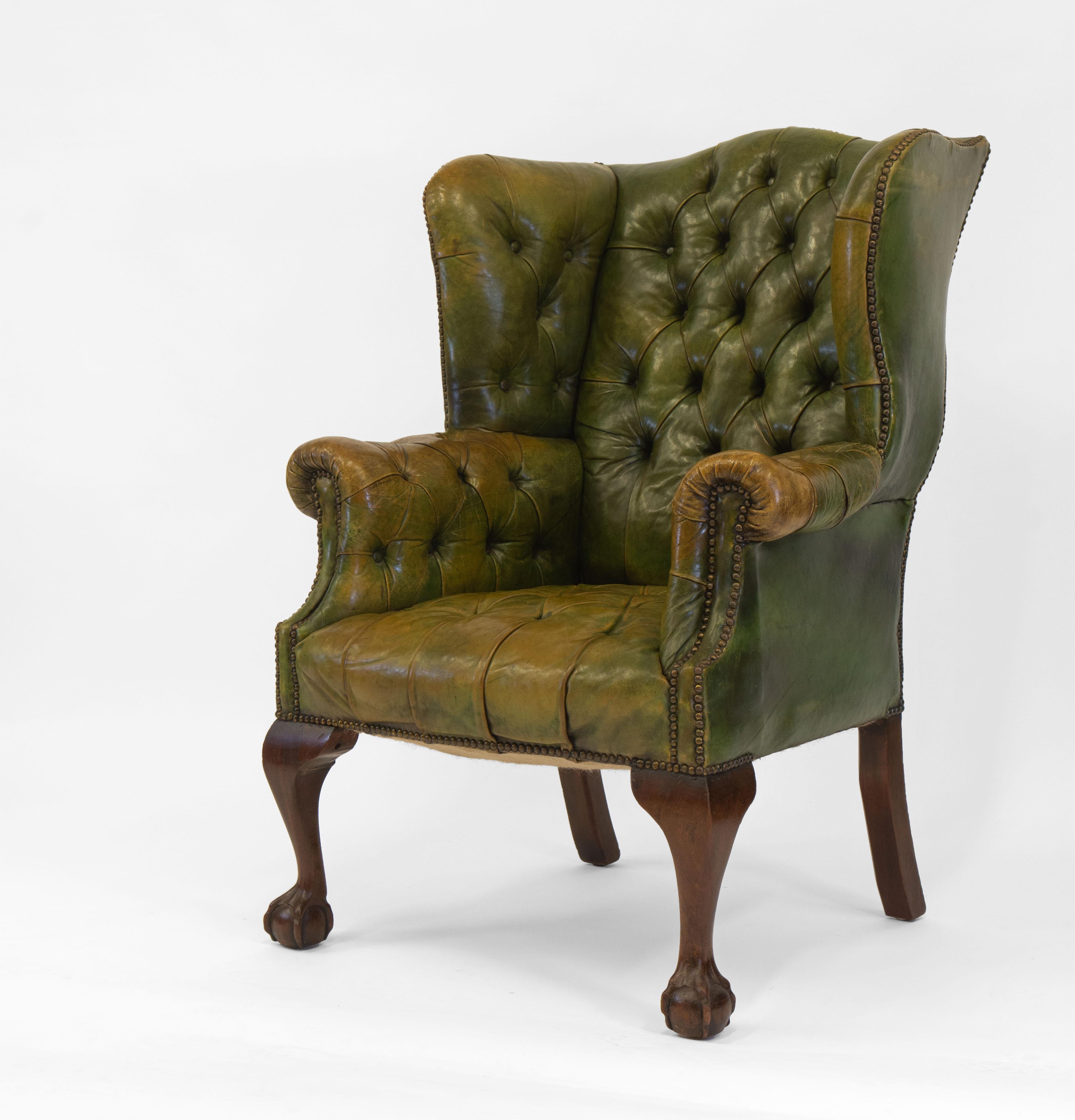 Antique Leather Button Wingback Armchair with Claw and Ball Foot In Fair Condition In Norwich, GB