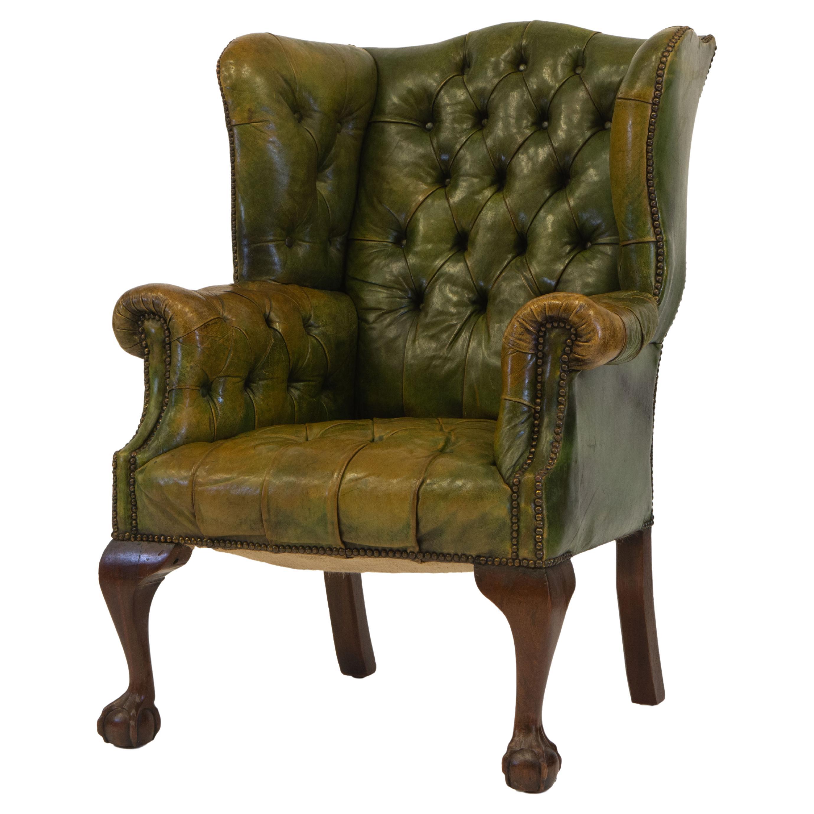Antique Leather Button Wingback Armchair with Claw and Ball Foot