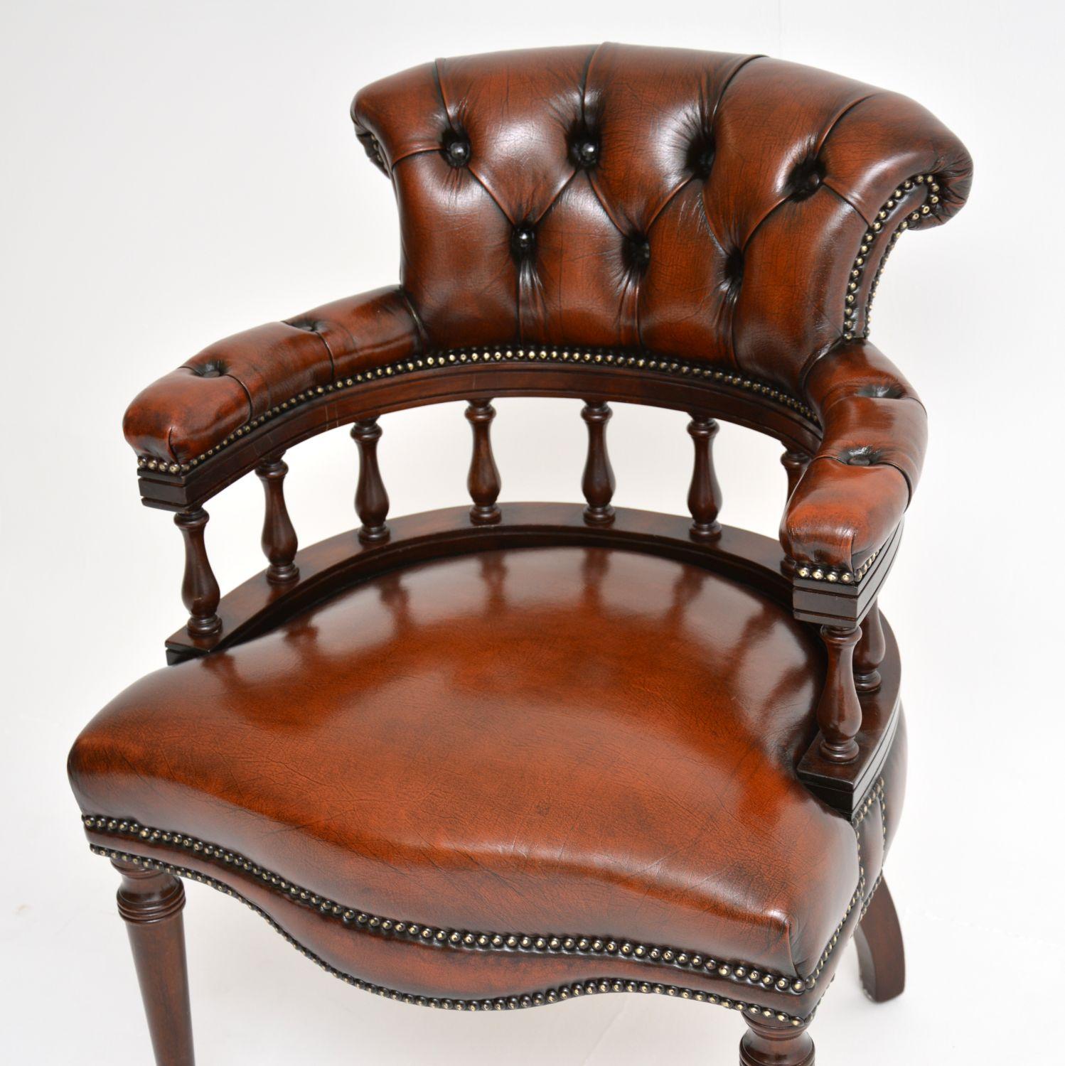 English Antique Leather Captains Desk Chair / Armchair