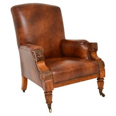 Antique Leather & Carved Oak Childs Armchair