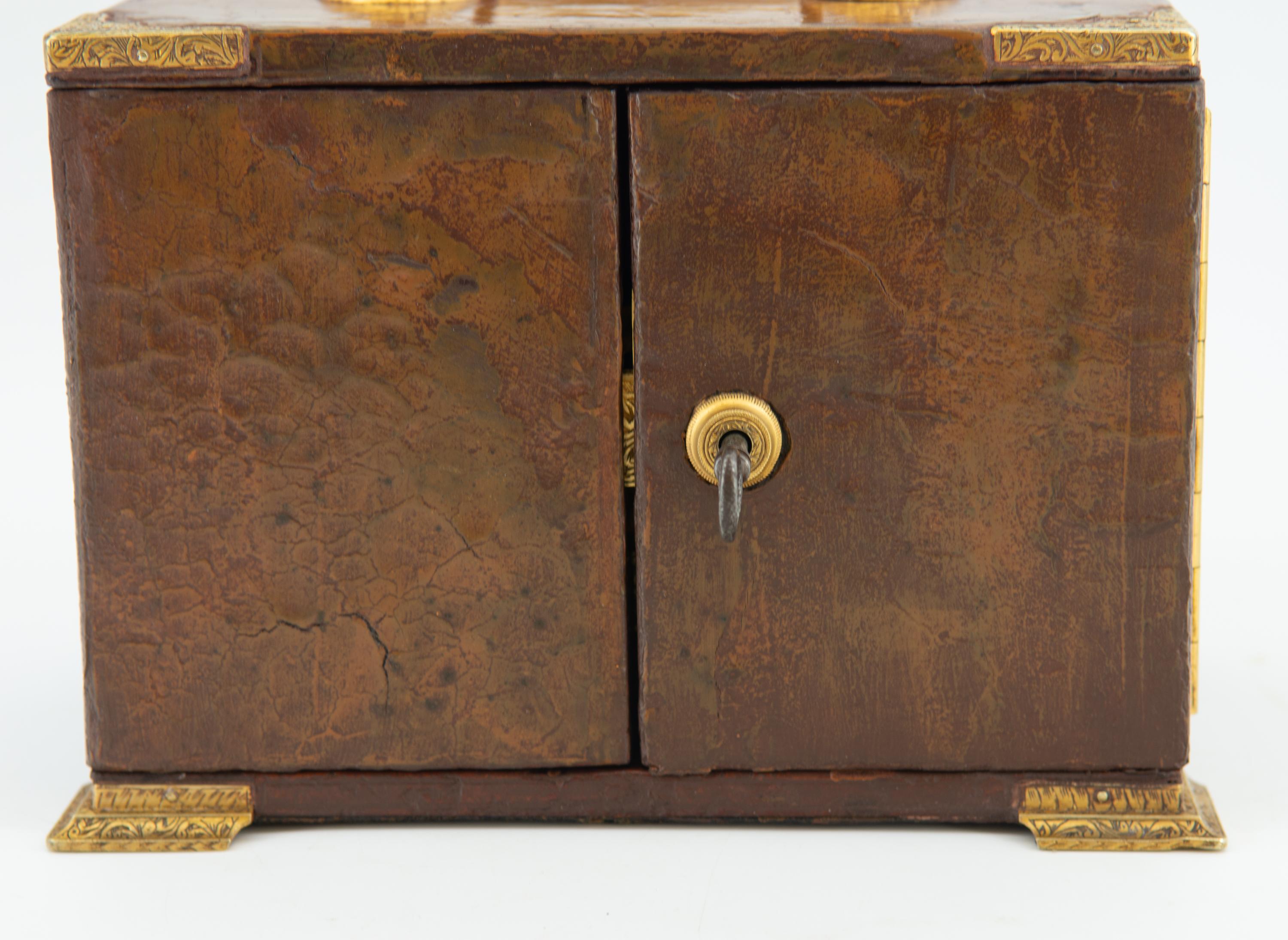 Antique Leather & Decorative Gilt Metal Table Top Travelling Chest Bramah Lock For Sale 8