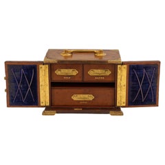 Antique Leather & Decorative Gilt Metal Table Top Travelling Chest Bramah Lock